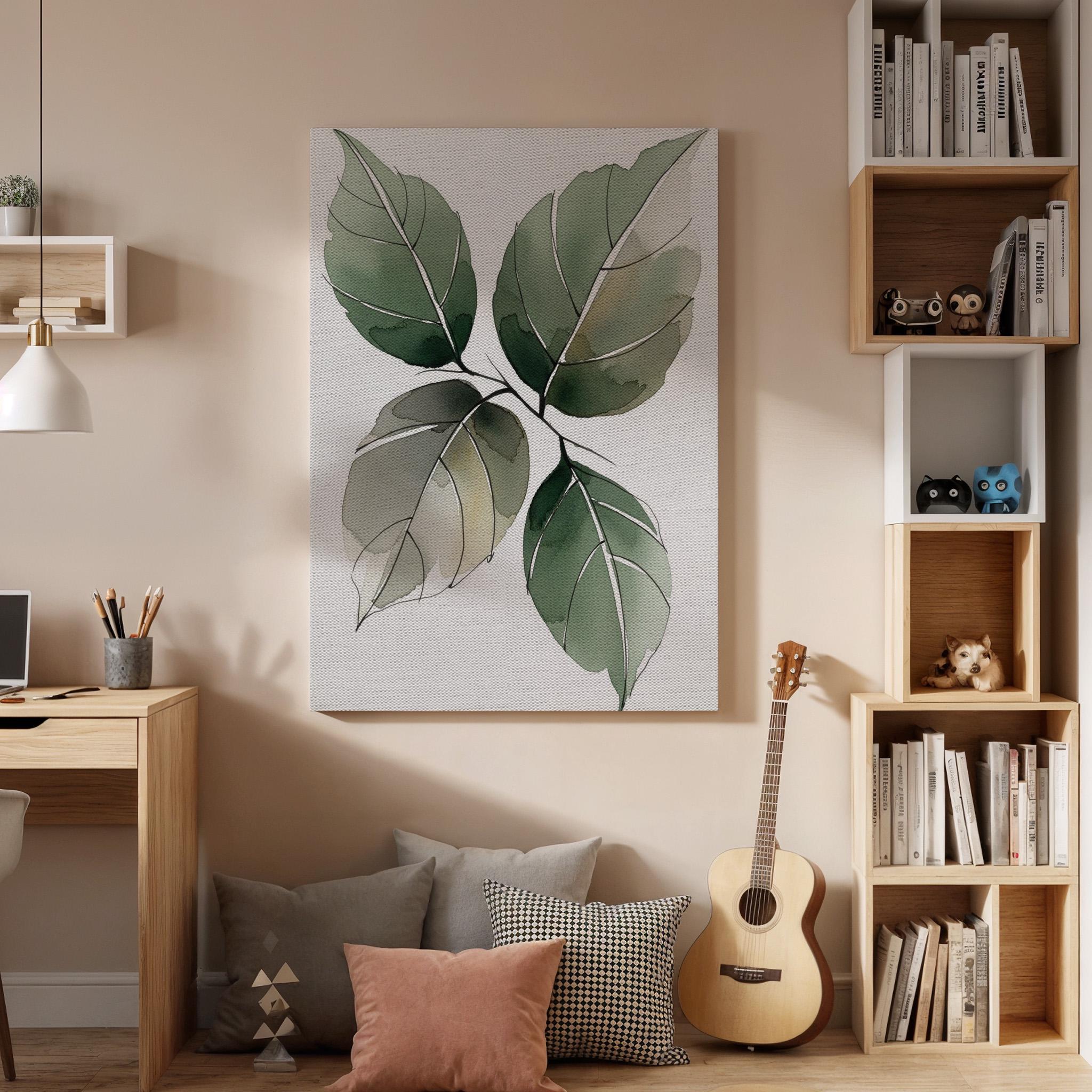 Botanical Leaf Canvas Art, Green Nature Wall Decor, Calm Modern Bedroom Style, Soft Organic Design, Natural Interior Harmony, Framed Canvas