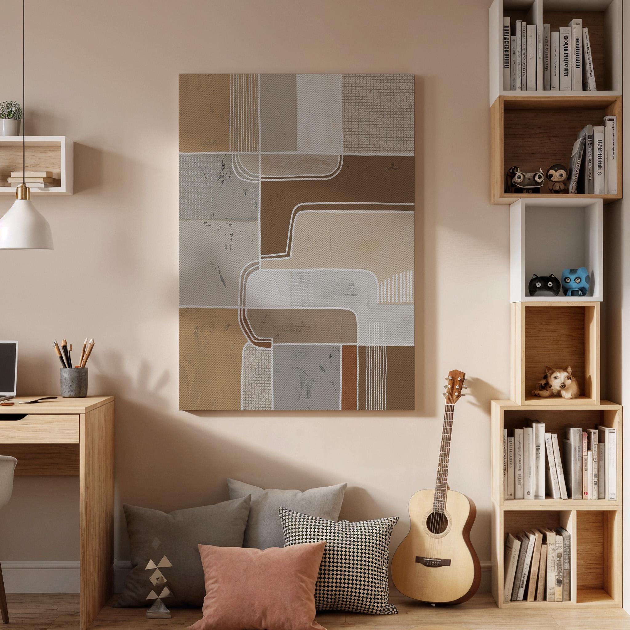 Geometric Neutral Canvas Art, Structured Line Wall Decor, Calm Modern Bedroom Style, Earth Tone Interior Design, Contemporary Framed Canvas