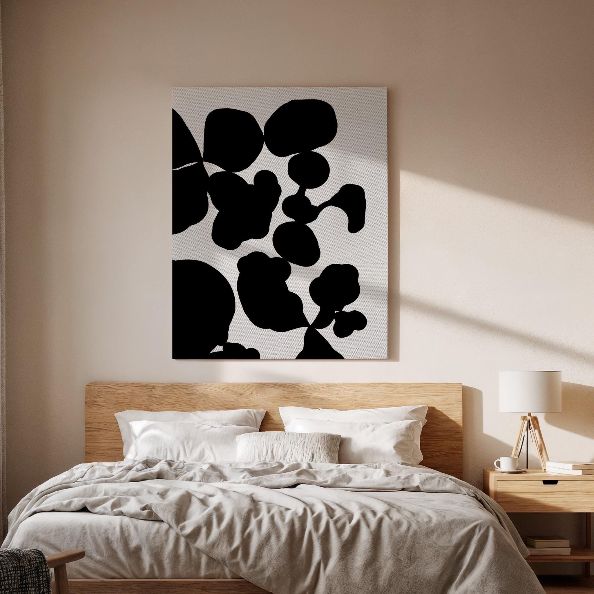 Bold Black Canvas Art, Organic Shape Wall Decor, Modern Abstract Bedroom Style, High Contrast Interior Design, Minimal Framed Canvas
