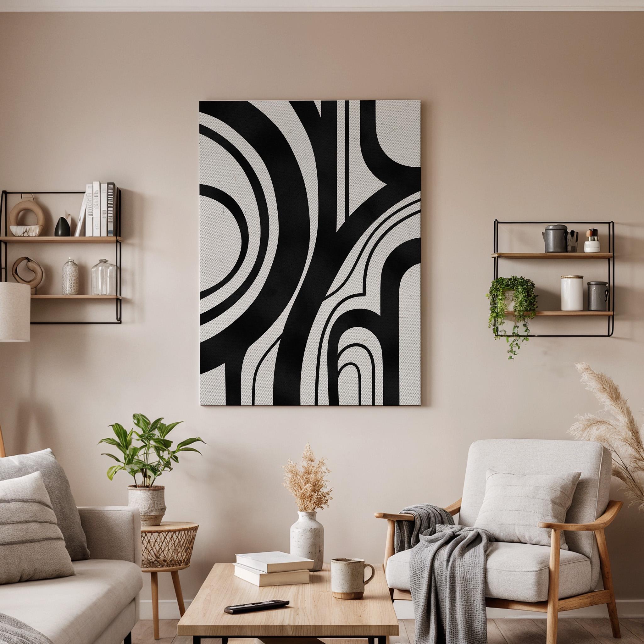 Black White Canvas Art, Curved Line Wall Decor, Modern Abstract Bedroom Design, Graphic Minimal Interior Style, Framed Canvas, New Home Gift