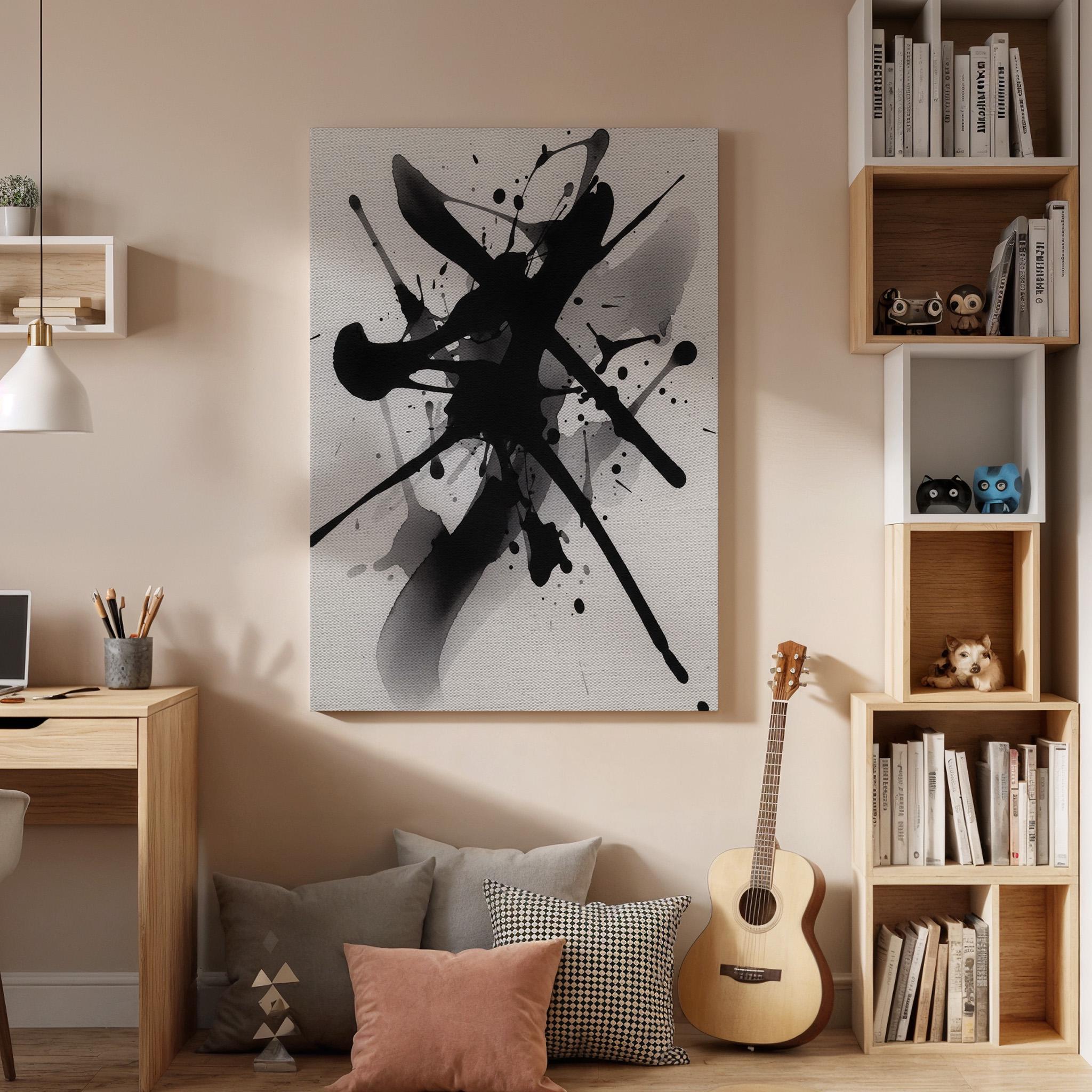 Abstract Ink Splash Canvas Art, Black White Modern Wall Decor, Expressive Minimal Interior Style, Contemporary Framed Canvas Artwork