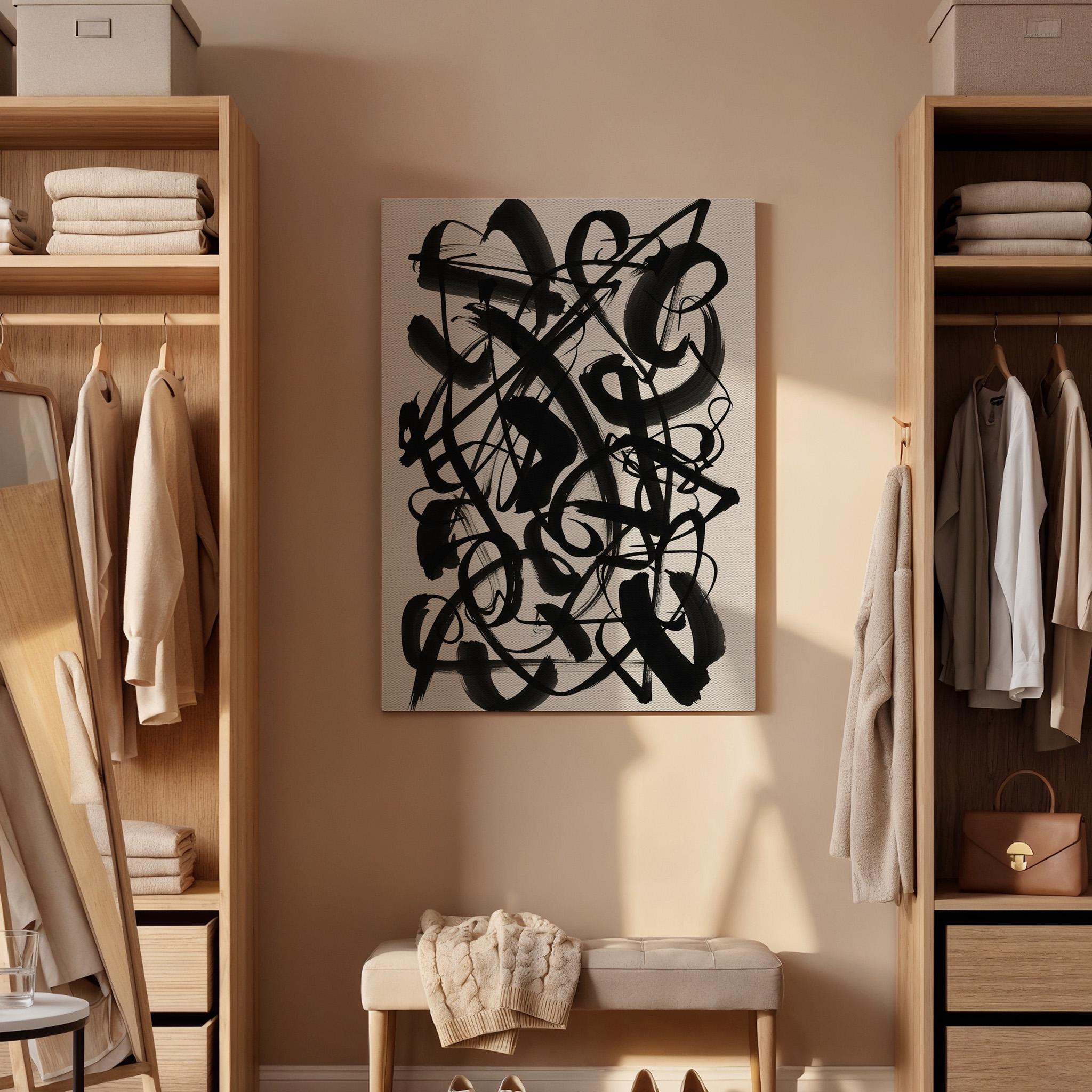 Black Abstract Calligraphy Canvas Art, Expressive Line Wall Decor, Modern Living Room Style, Bold Monochrome Design, Large Framed Canvas