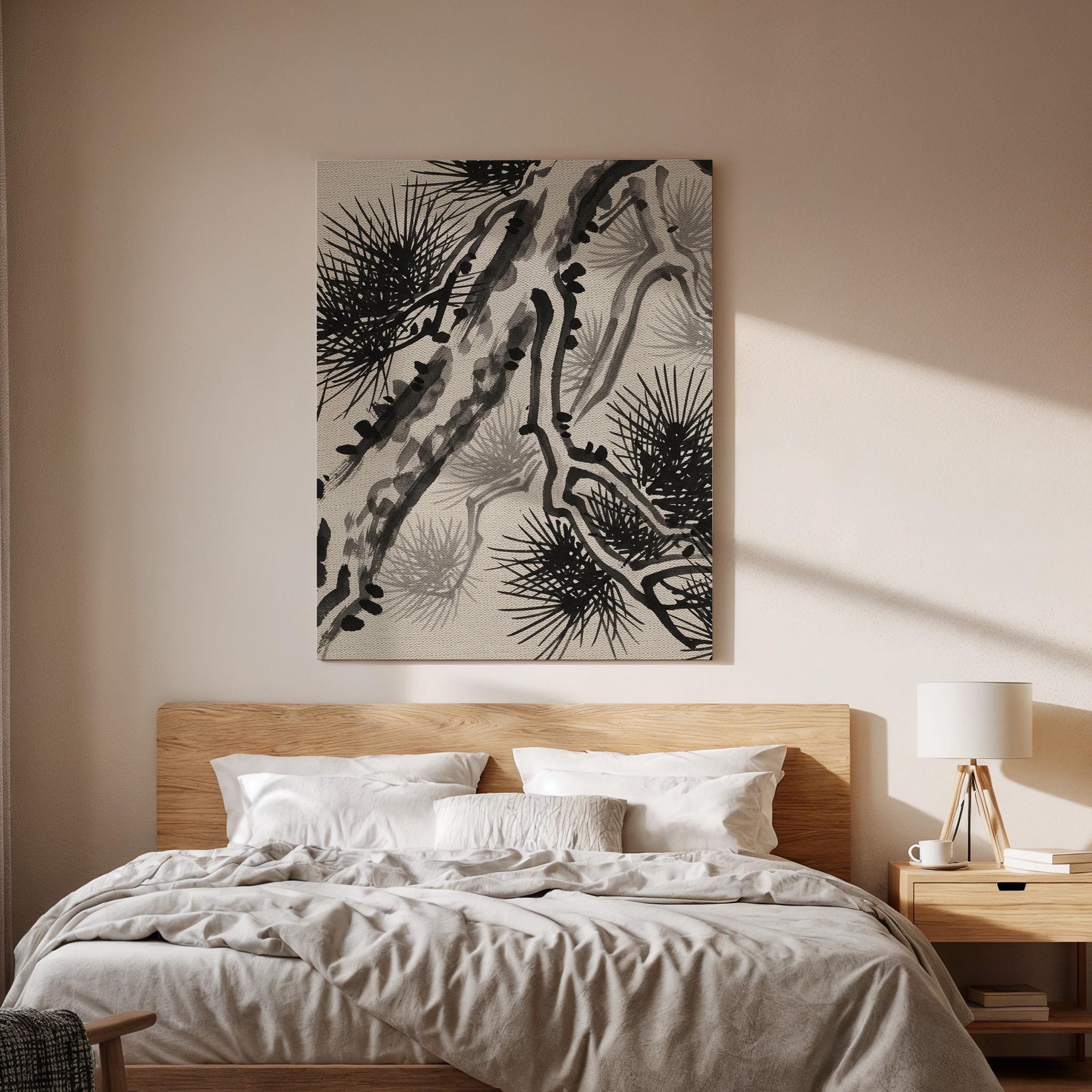 Japanese Ink Pine Tree Canvas Art, Minimal Oriental Nature Illustration, Zen Style Wall Decor, Calm Asian Aesthetic, Framed Canvas Artwork