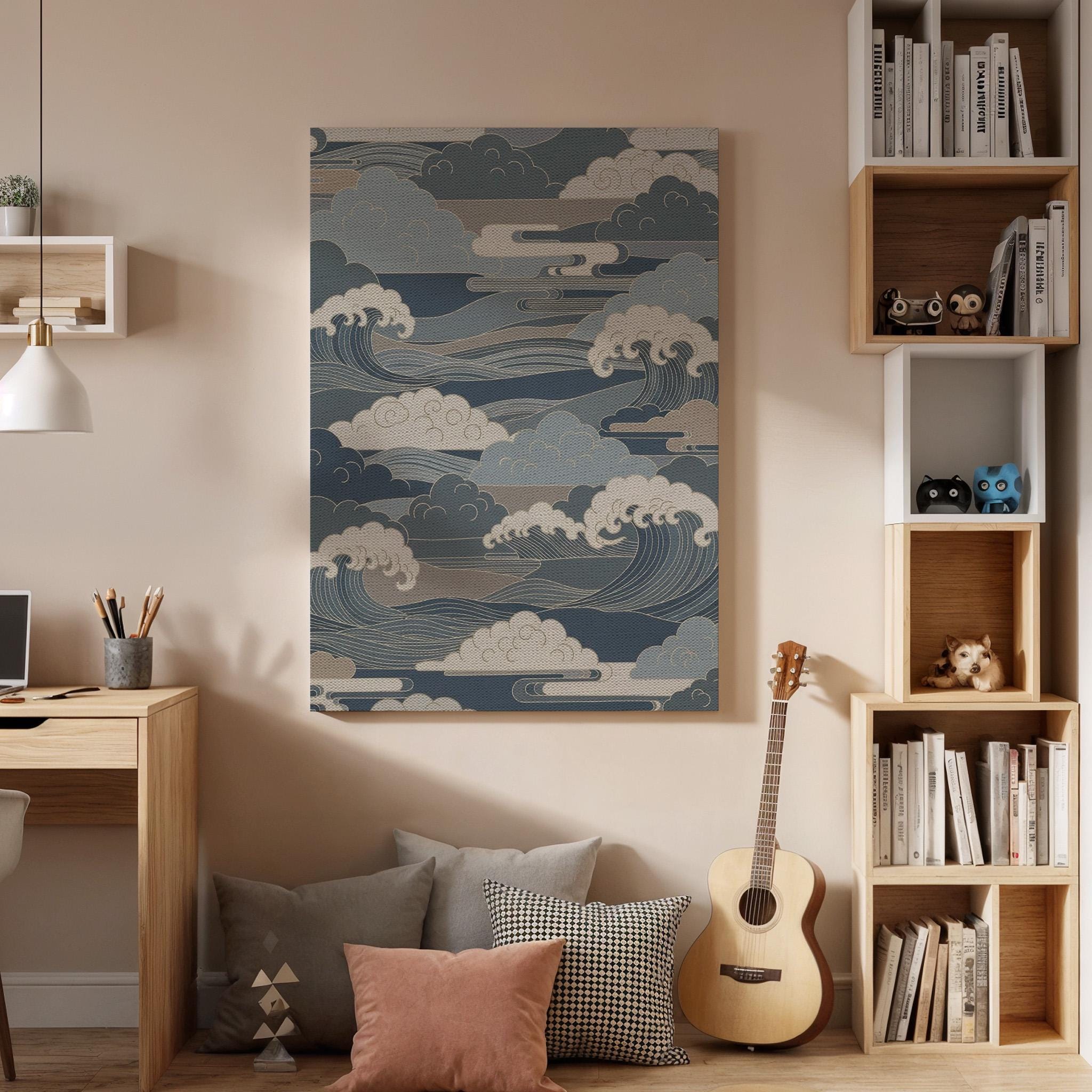 Japanese Wave Pattern Inspired Traditional Art Style, Framed Canvas Wall Artwork for Calm Balanced Modern and Minimal Interior Spaces