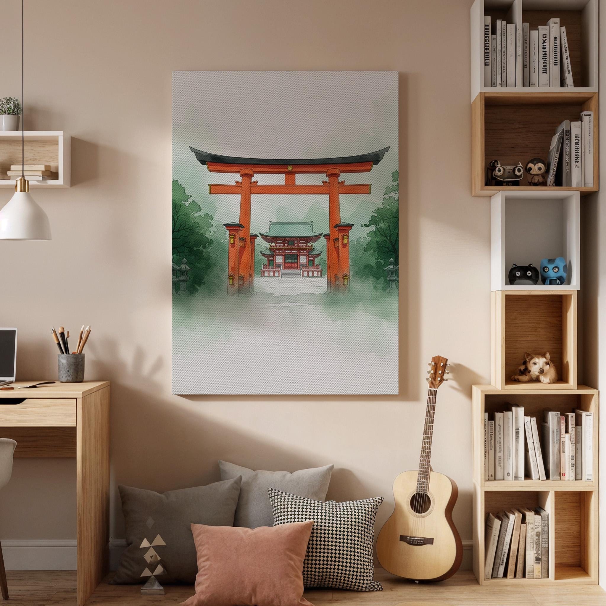 Japanese Torii Gate Temple Canvas Art, Misty Shinto Shrine Illustration, Traditional Zen Landscape Wall Decor, Framed Oriental Artwork