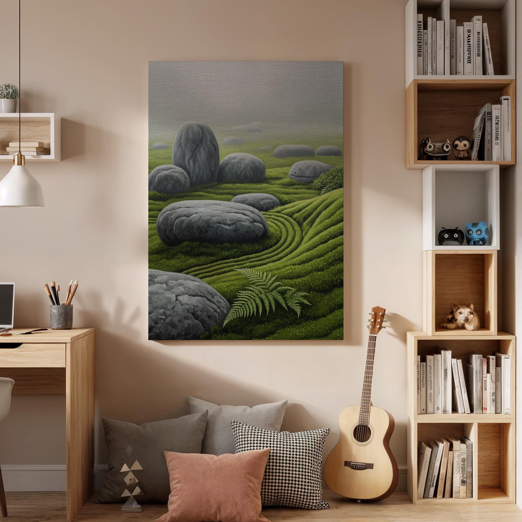 Zen Garden Stone Landscape Canvas Art, Japanese Rock and Moss Illustration, Tranquil Nature Wall Decor, Framed Oriental Zen Artwork