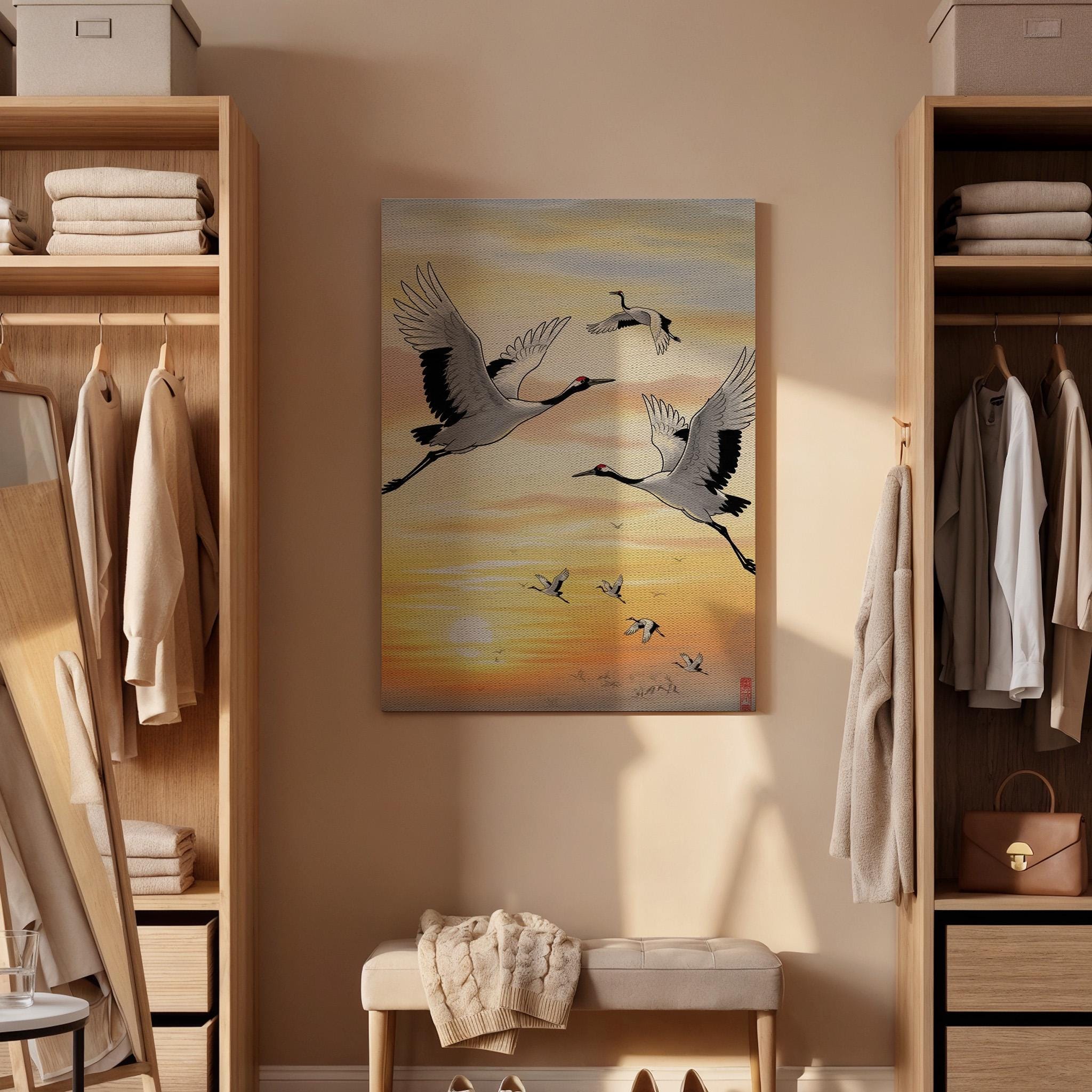 Japanese Crane Sunrise Canvas Art, Flying Cranes Over Golden Sky Illustration, Oriental Nature Wall Decor, Framed Zen Wildlife Artwork