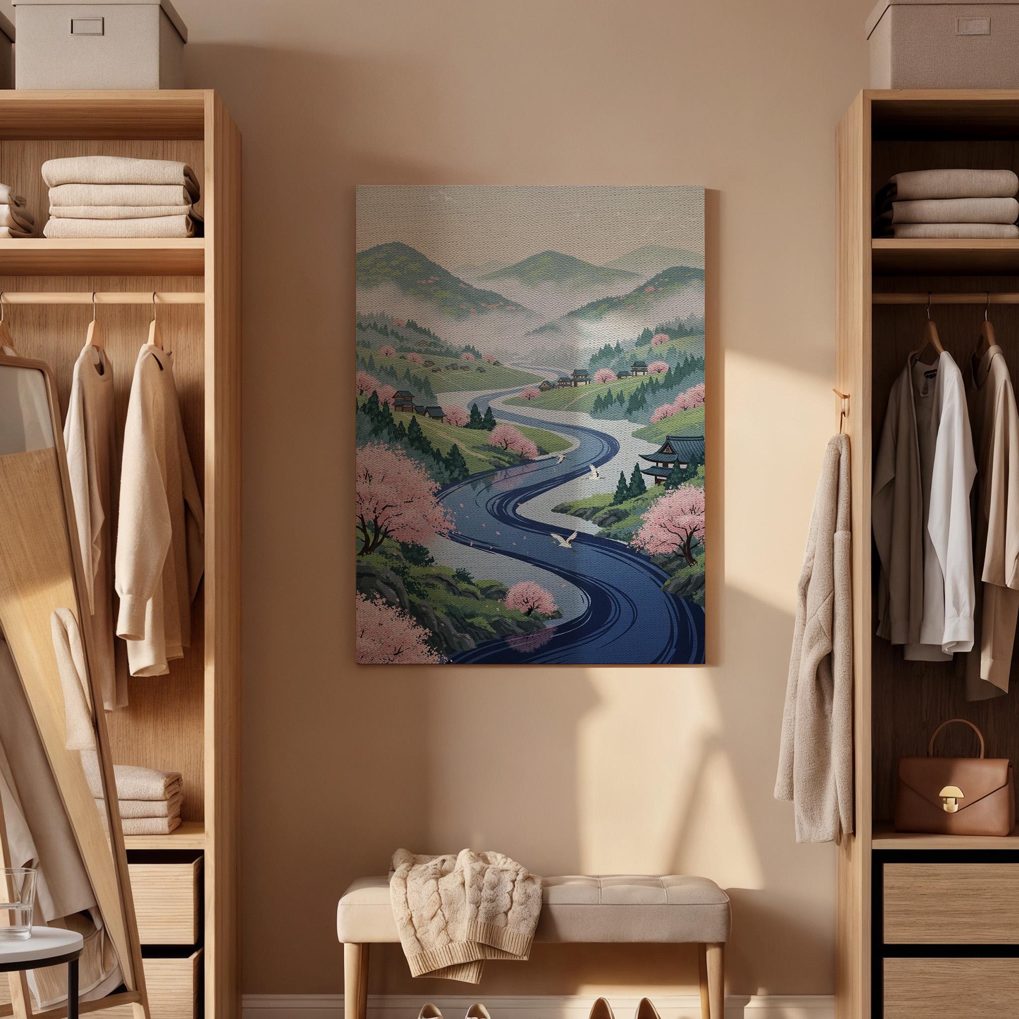 Japanese Spring Landscape Canvas Art, Sakura Valley and Winding River Illustration, Oriental Nature Wall Decor, Framed Zen Scenery Artwork