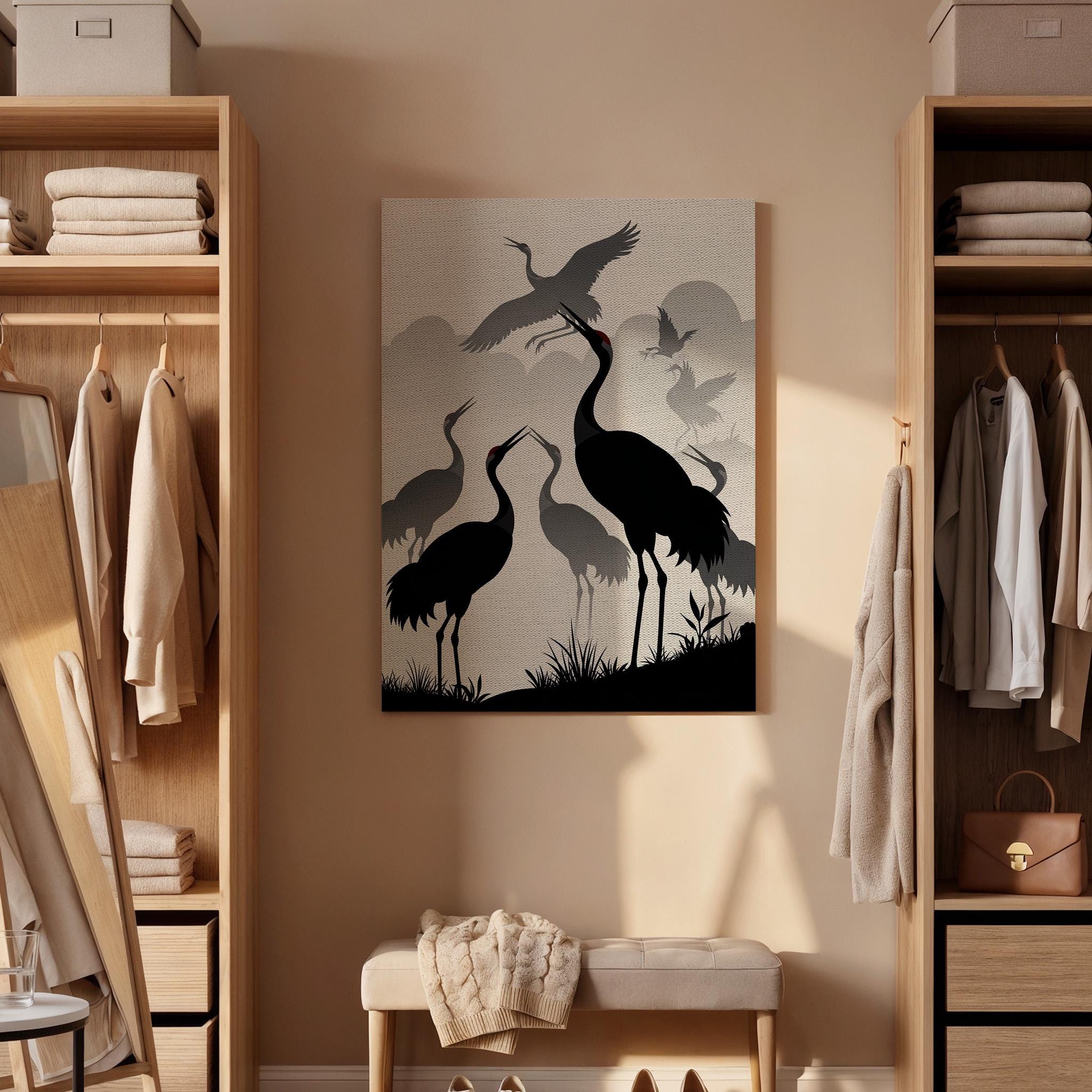 Japanese Crane Silhouette Canvas Art, Framed Oriental Bird Scene with Flying Cranes and Misty Background, Zen Inspired Wall Decor, Home Gift