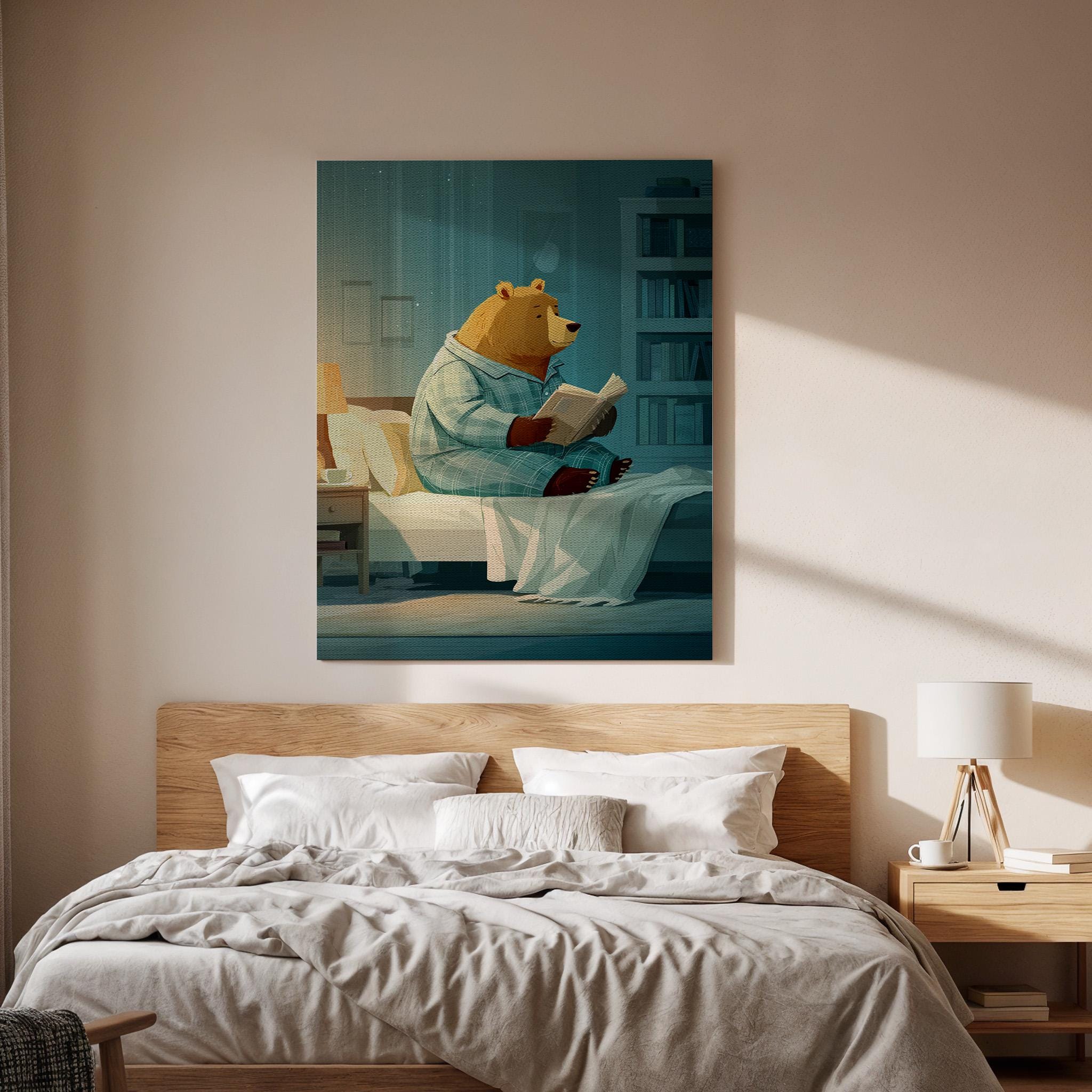 Framed Cozy Bear Reading Canvas Art, Whimsical Animal Illustration, Cute Nighttime Story Wall Decor for Bedroom and Nursery, New Home Decor