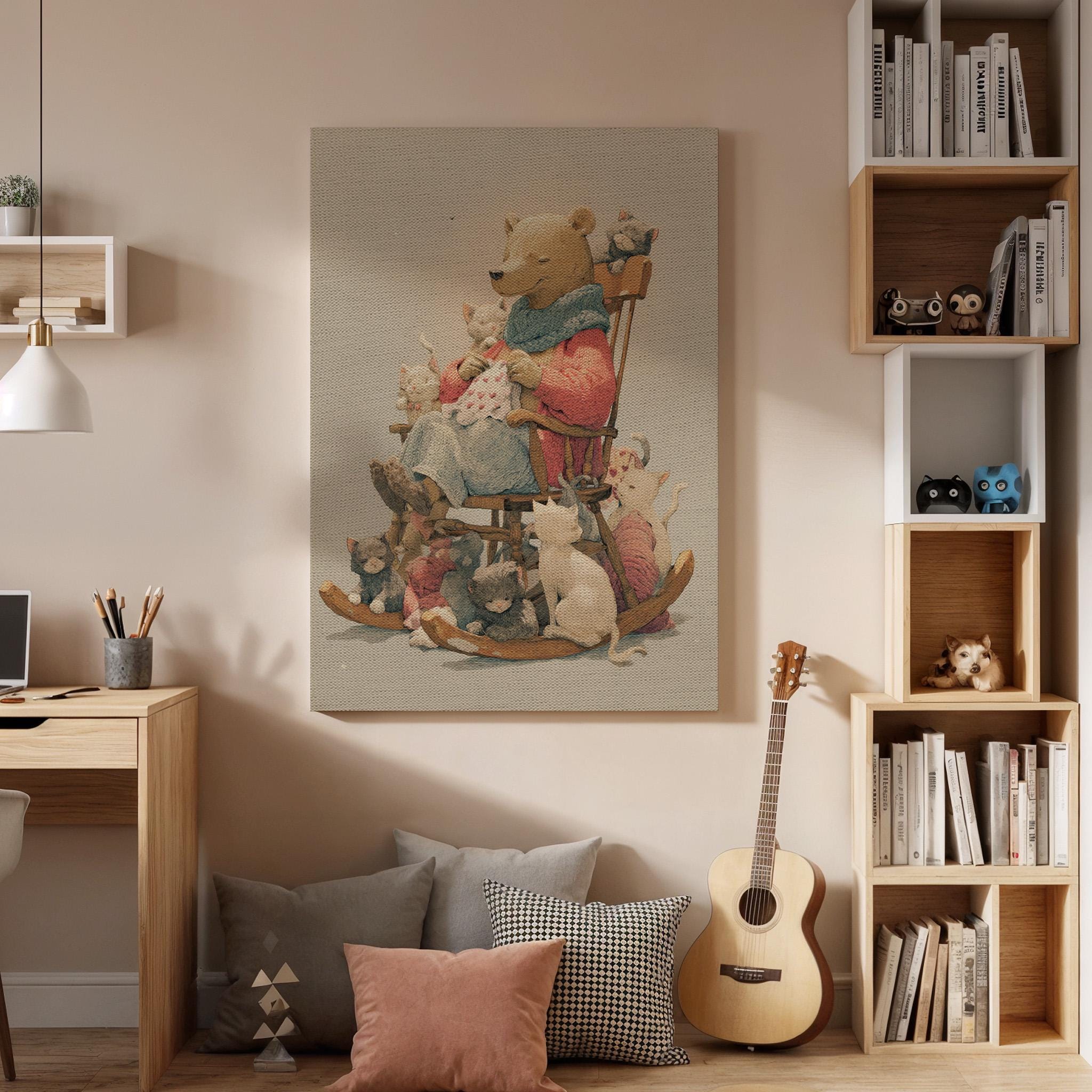 Storytime Bear Canvas Art with Framed Finish, Whimsical Animal Illustration with Cats, Cozy Nursery and Kids Room Wall Decor, Canvas Art