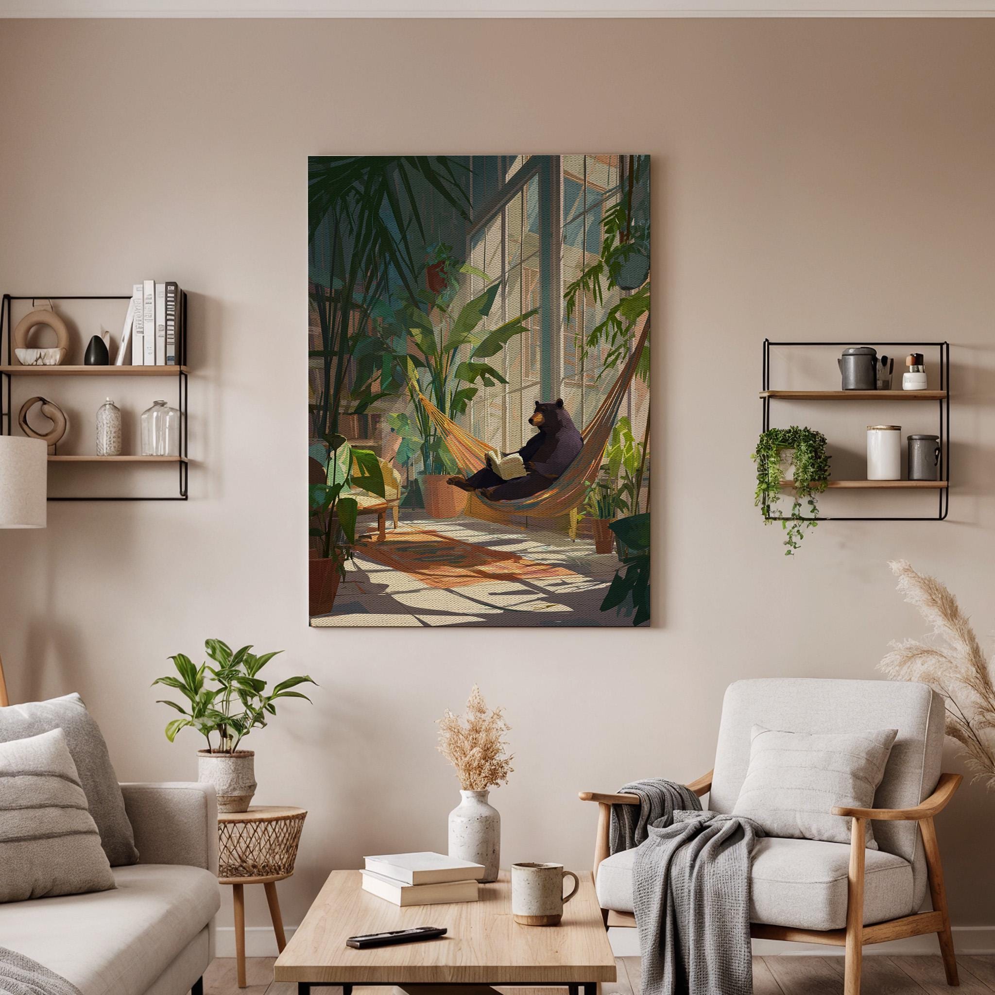 Whimsical Bear Hammock Canvas Art, Cozy Indoor Garden Illustration with Reading Bear, Relaxed Nature Scene Wall Decor, Framed Artwork