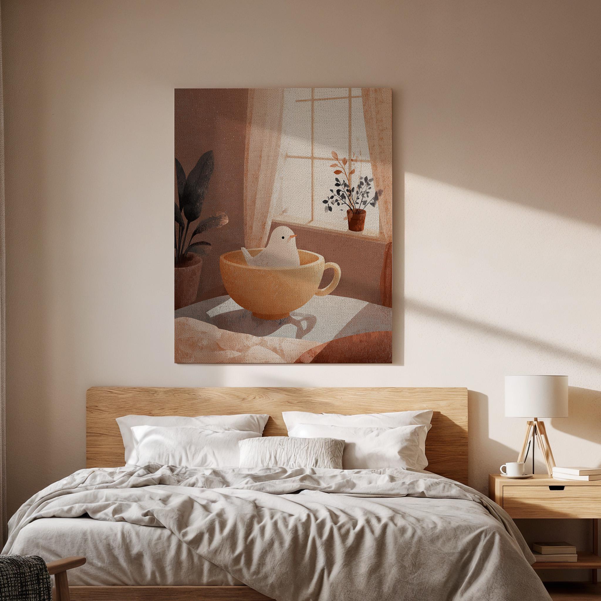 Cozy Bird in Teacup Canvas Art, Minimalist Illustration with Warm Tones, Whimsical Home Decor Illustration for Bedroom, Framed Wall Art