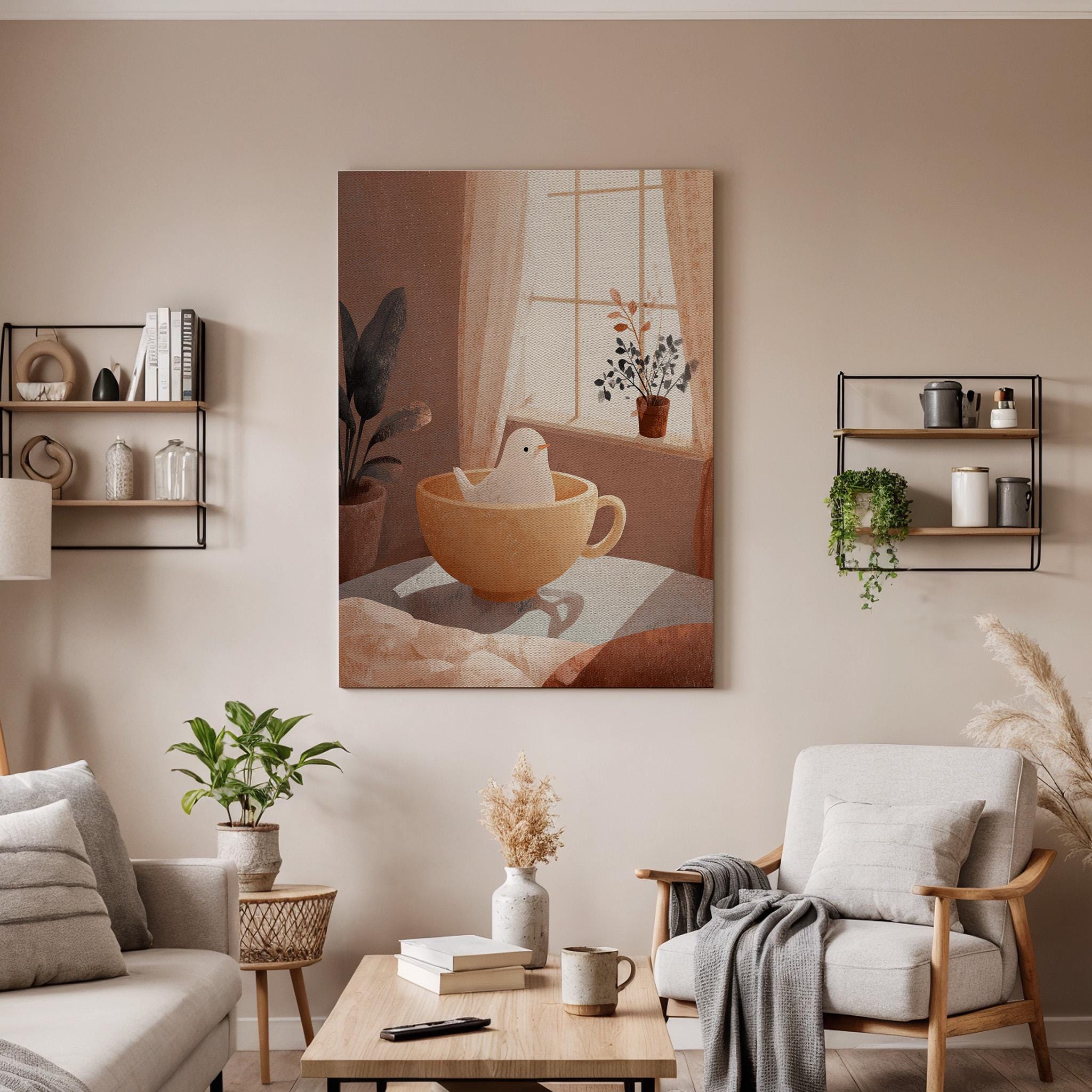 Cozy Bird in Teacup Canvas Art, Minimalist Illustration with Warm Tones, Whimsical Home Decor Illustration for Bedroom, Framed Wall Art