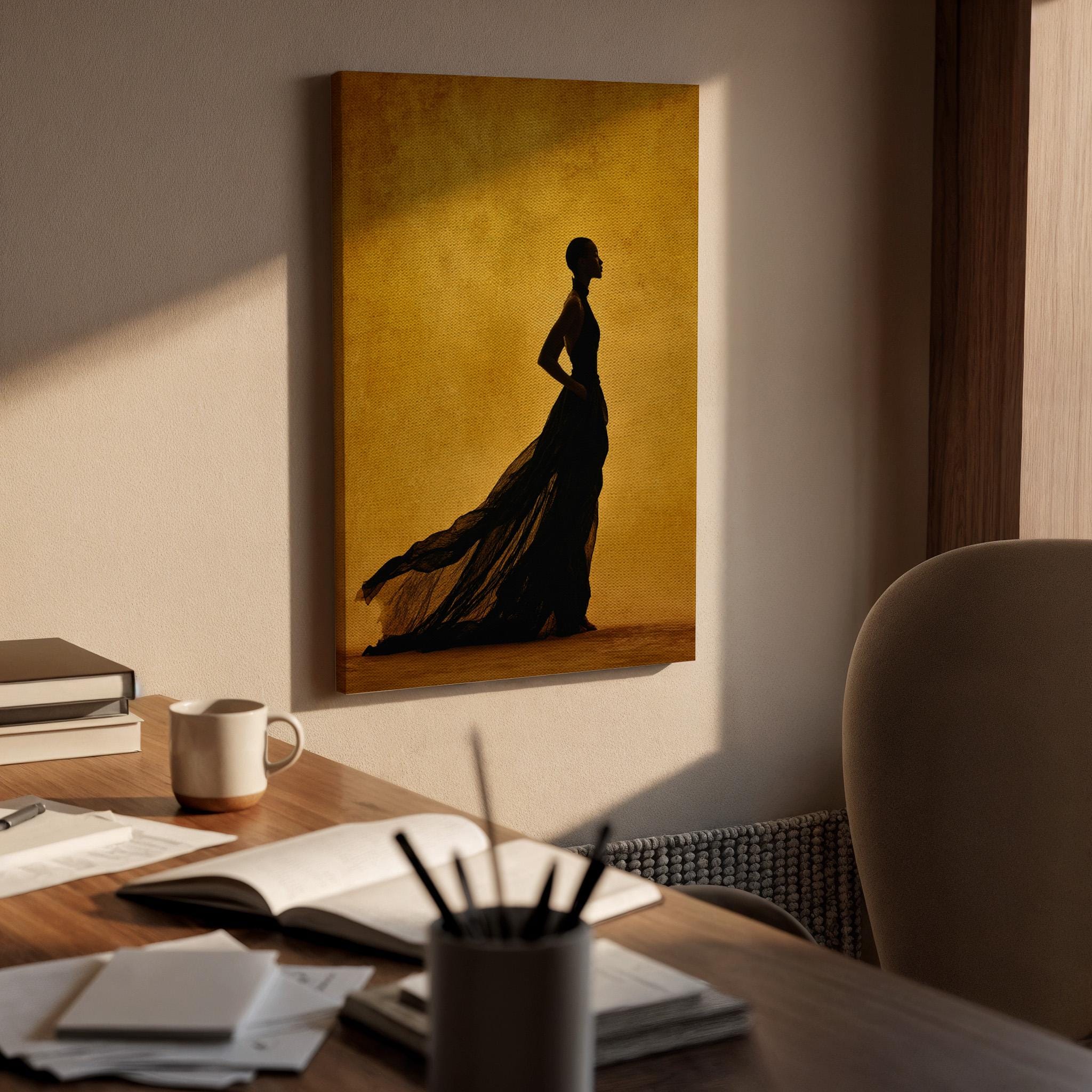 Golden Silhouette Canvas, Woman Shadow Wall Art, Minimalist Fashion Canvas Decor, Modern Dramatic Artwork, Contemporary Living Room Decor