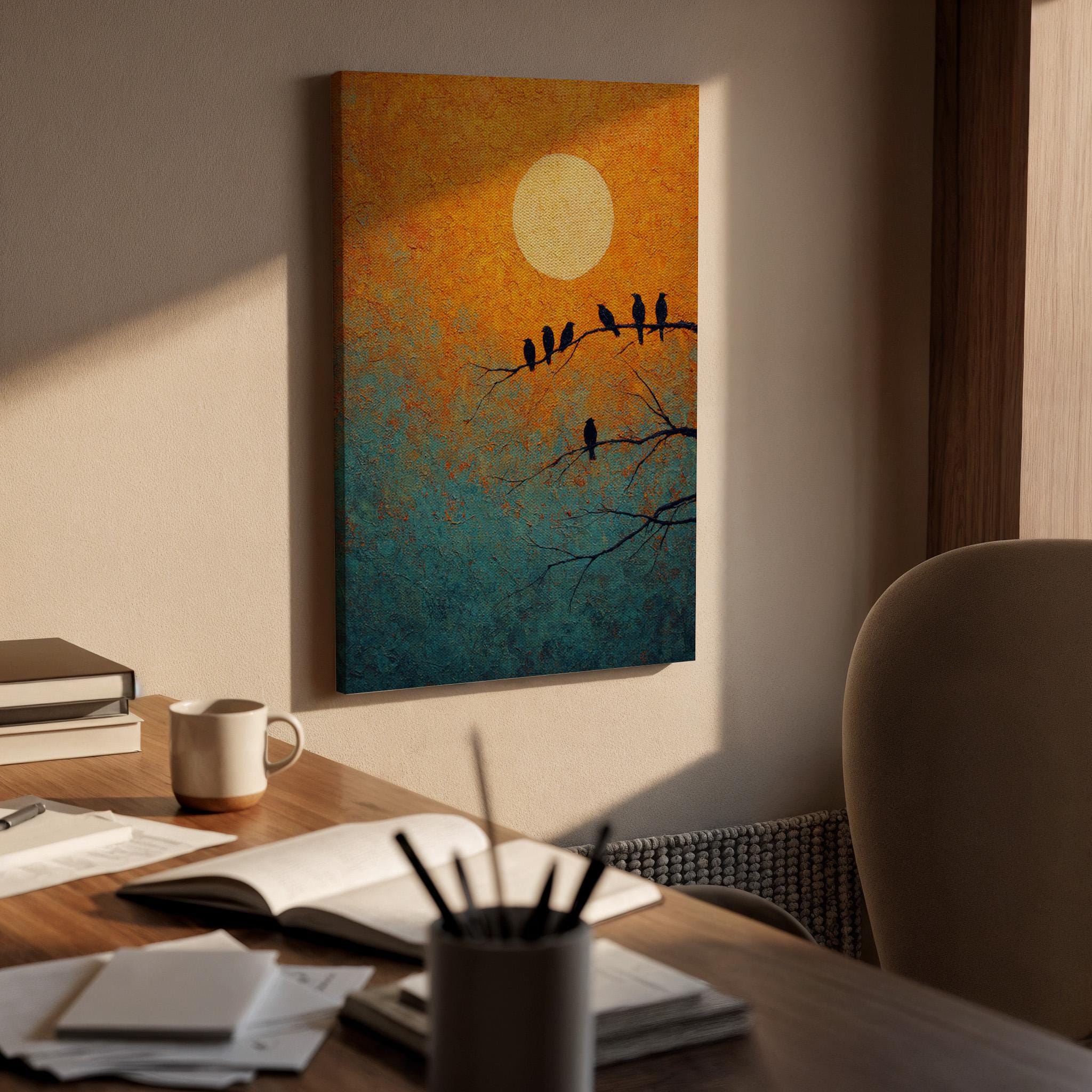 Moon Bird Canvas, Sunset Bird Wall Art, Minimalist Nature Canvas Decor, Bird Silhouette Artwork, Modern Nature Wall Decor, Canvas Wall Art