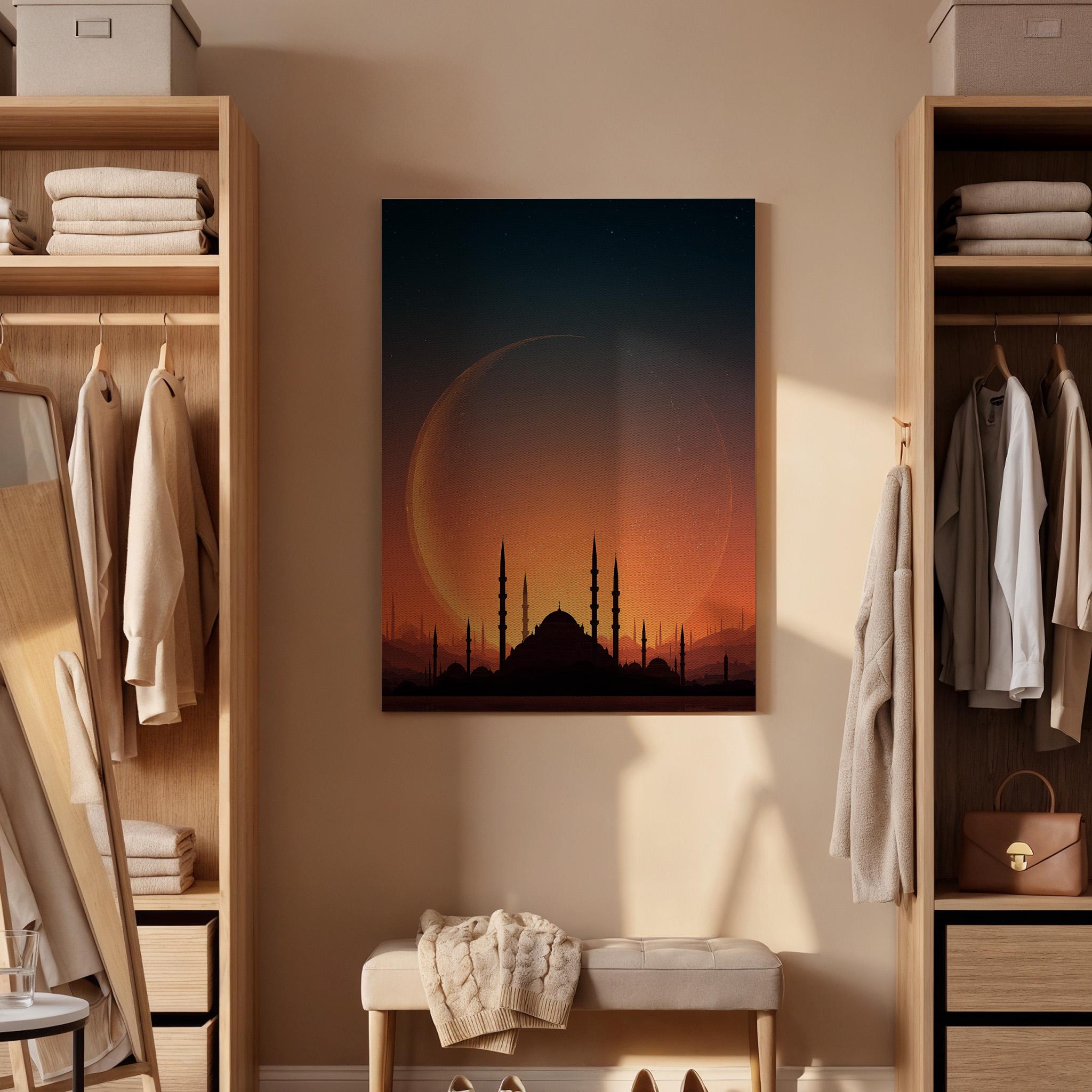 Mosque Moon Canvas, Islamic Wall Art, Crescent Moon Mosque Canvas Decor, Ramadan Islamic Artwork, Spiritual Skyline Wall Decor, New Home Art