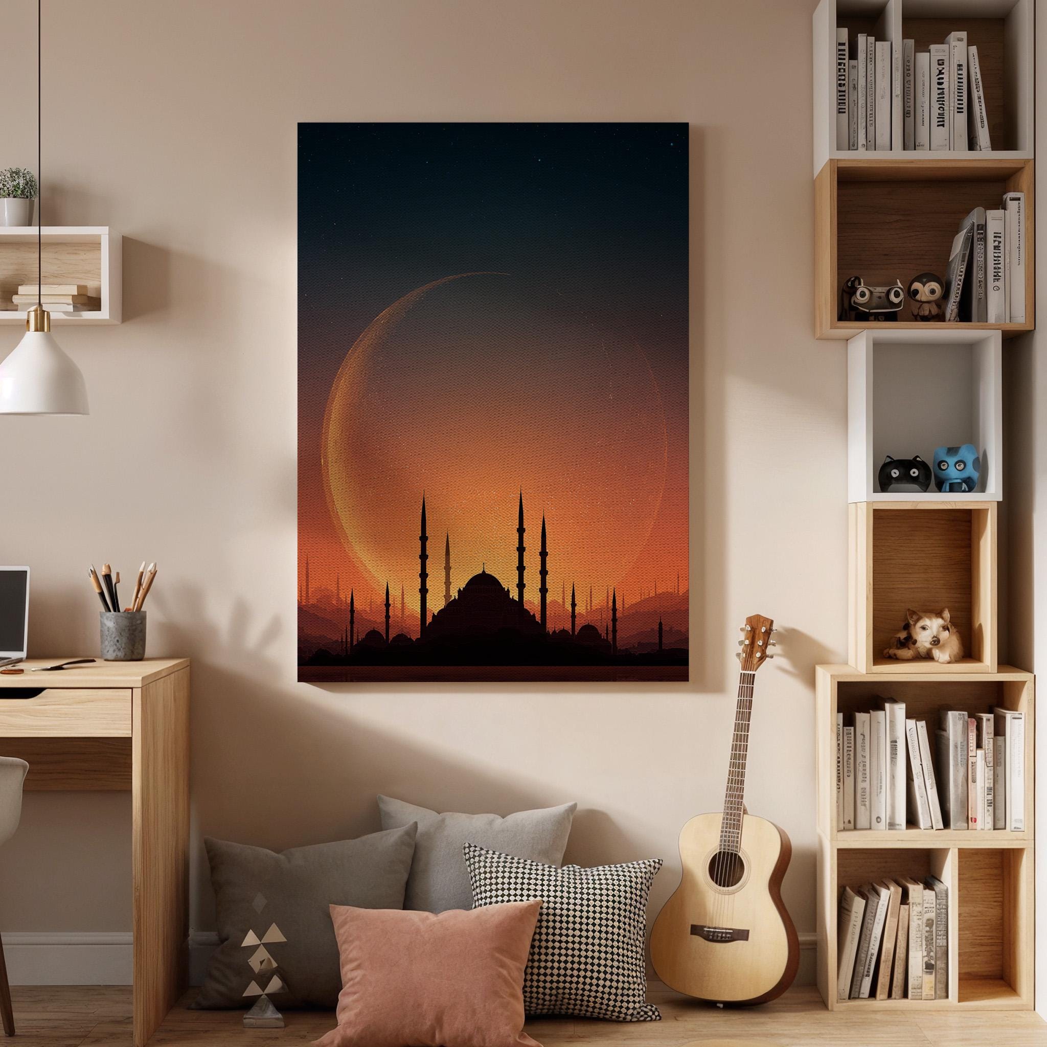 Mosque Moon Canvas, Islamic Wall Art, Crescent Moon Mosque Canvas Decor, Ramadan Islamic Artwork, Spiritual Skyline Wall Decor, New Home Art
