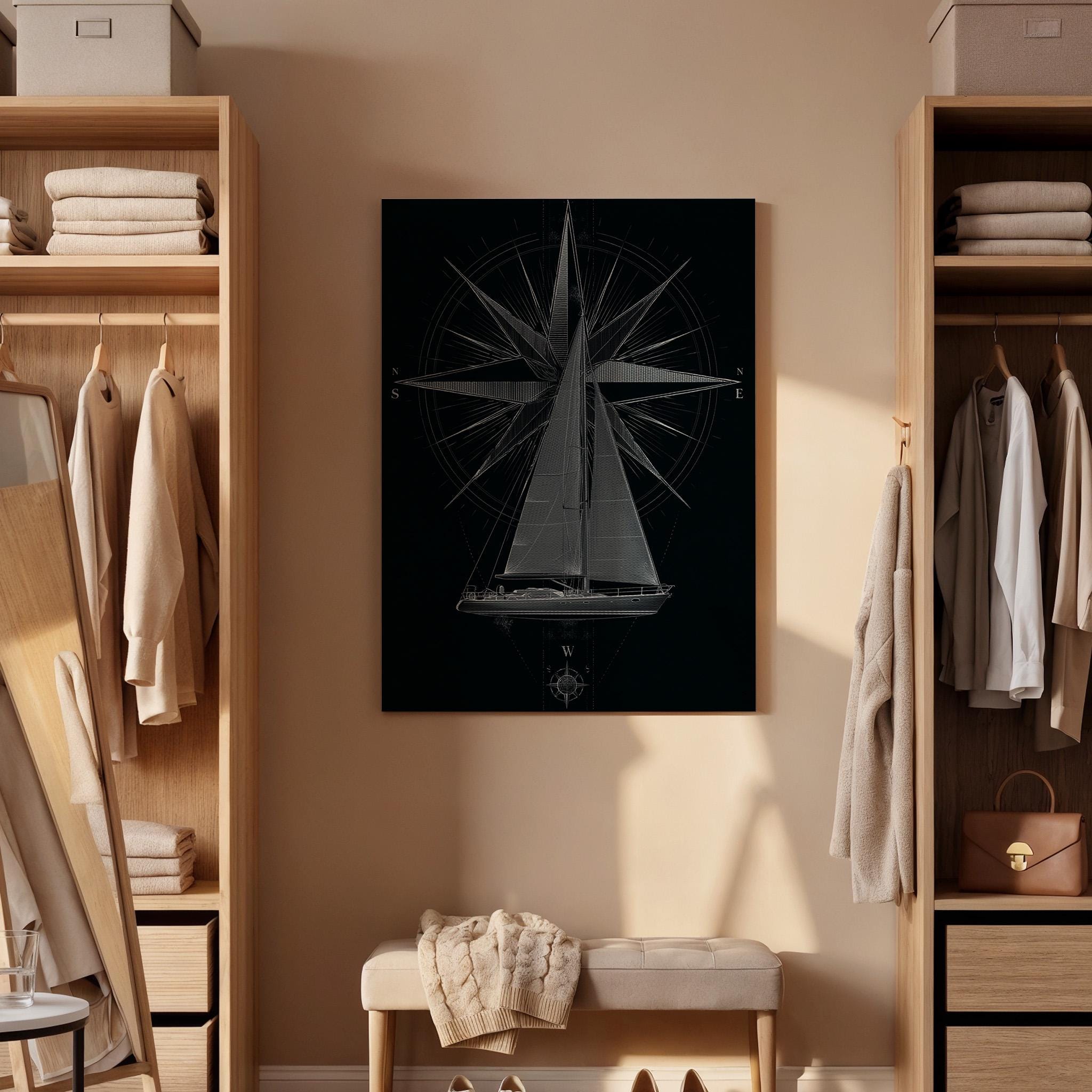 Sailboat Compass Canvas, Nautical Sailboat Wall Art, Maritime Navigation Canvas Decor, Sailing Boat Artwork, Ocean Compass Wall Decor