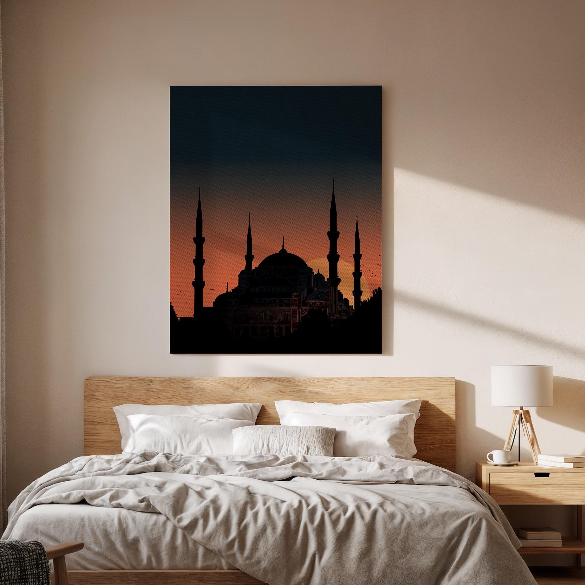 Blue Mosque Sunset Canvas Wall Art, Istanbul Skyline Canvas Decor, Hagia Sophia Style Mosque Silhouette Artwork, Islamic Architecture Art