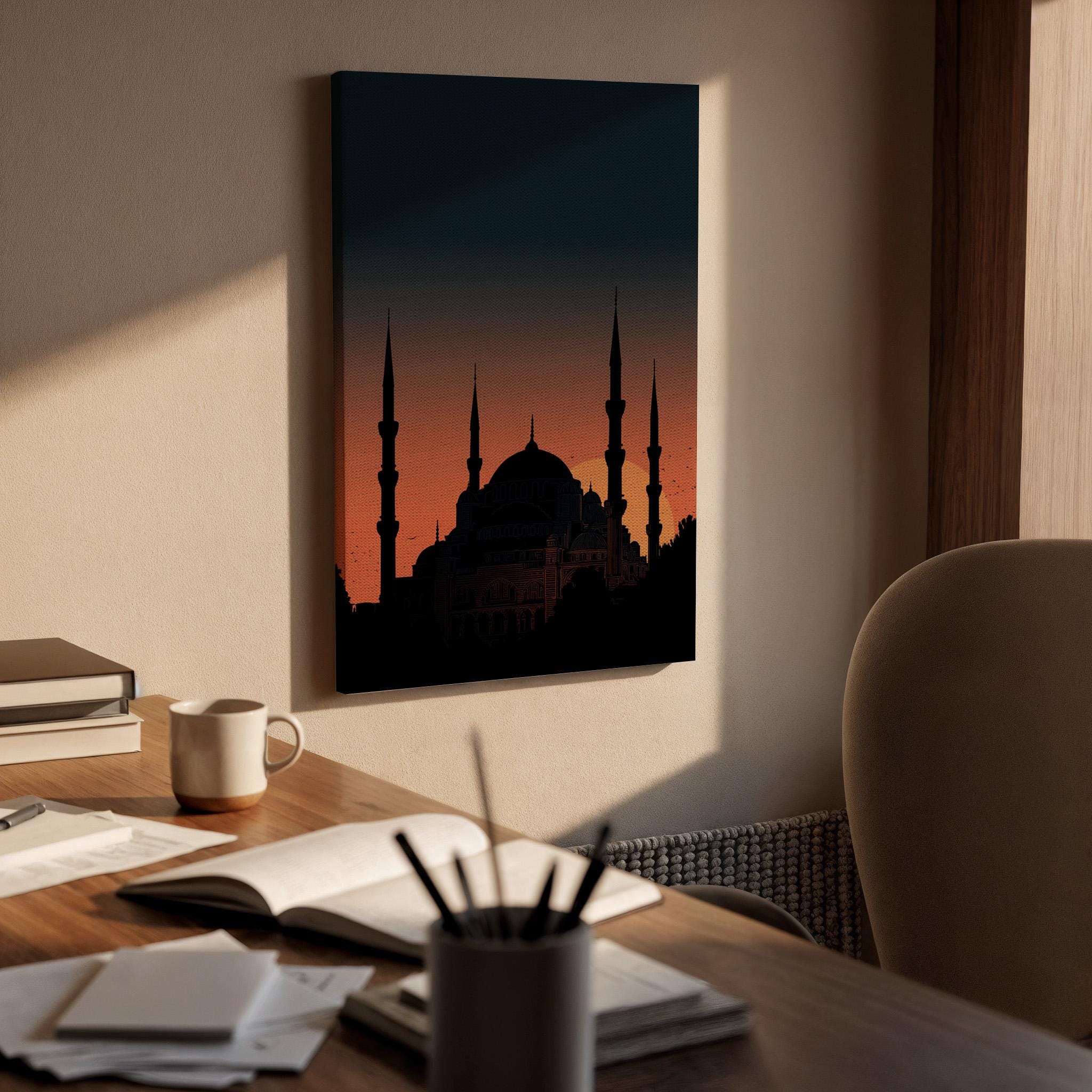 Blue Mosque Sunset Canvas Wall Art, Istanbul Skyline Canvas Decor, Hagia Sophia Style Mosque Silhouette Artwork, Islamic Architecture Art