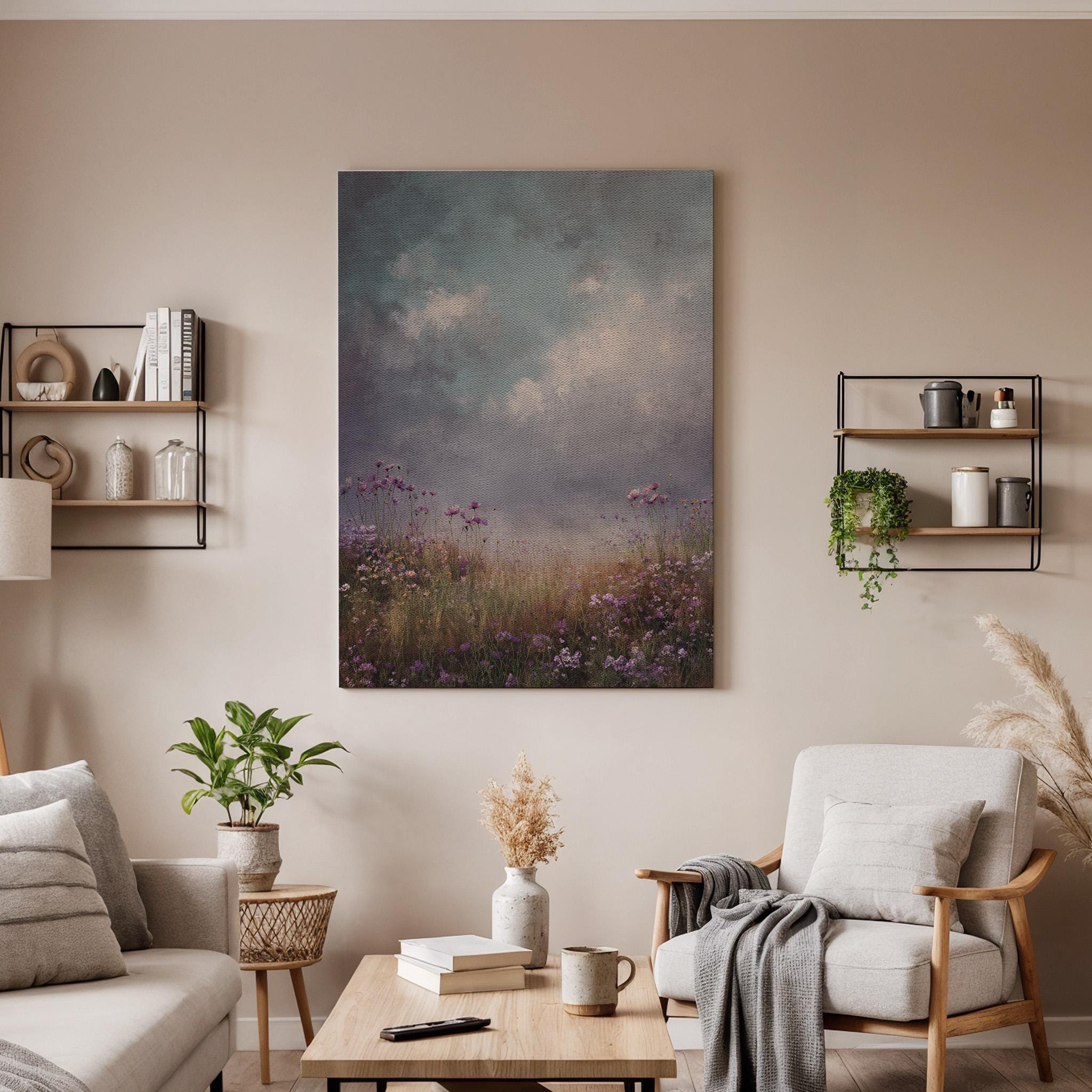 Moody Wildflower Meadow Canvas Wall Art, Dramatic Sky Landscape Canvas Decor, Rustic Field Nature Artwork, Atmospheric Wall Decor, Home Art