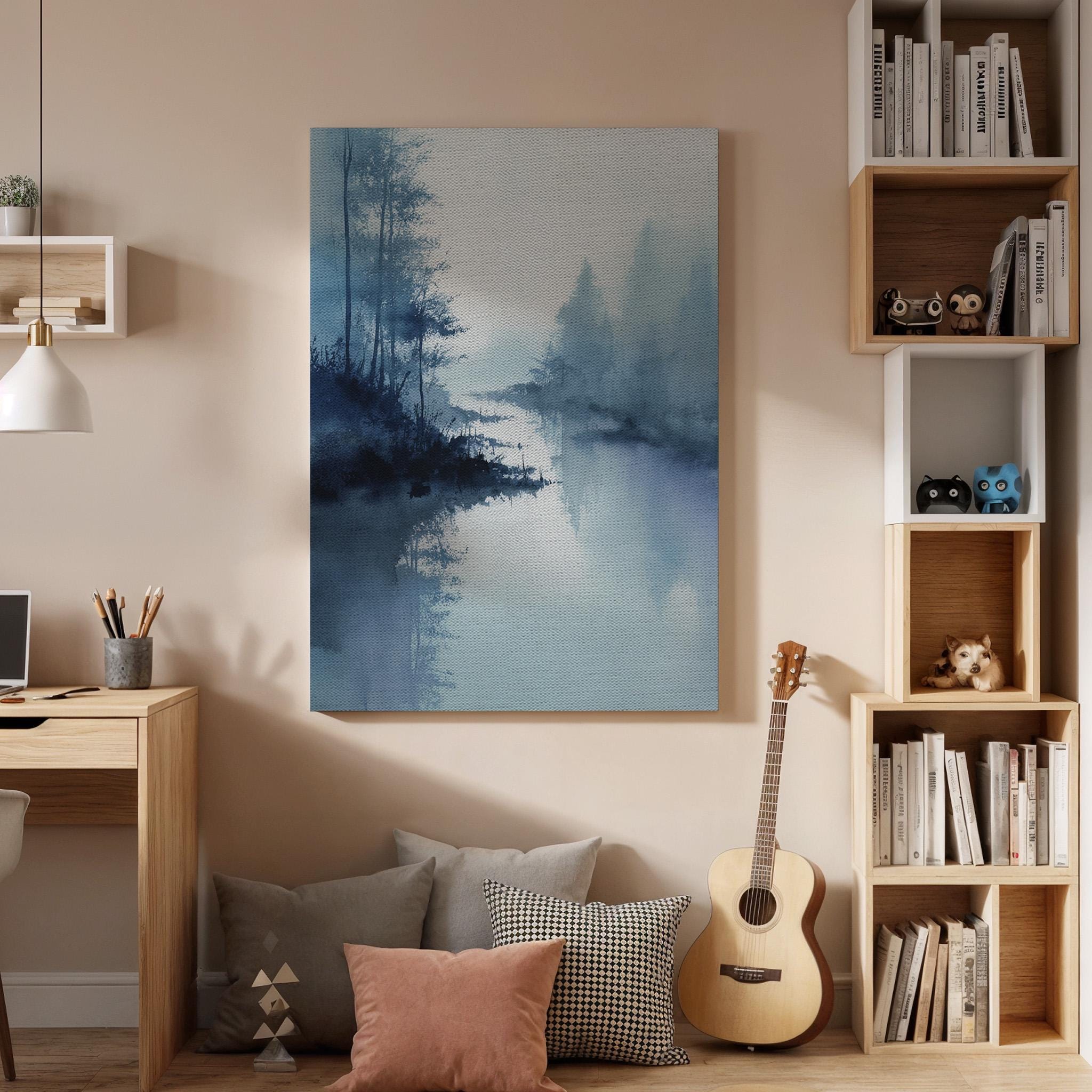 Misty Lake Landscape Canvas Wall Art, Minimalist Foggy Nature Canvas Decor, Blue Forest Lake Artwork, Calm Scenic Wall Decor, New Home Gift