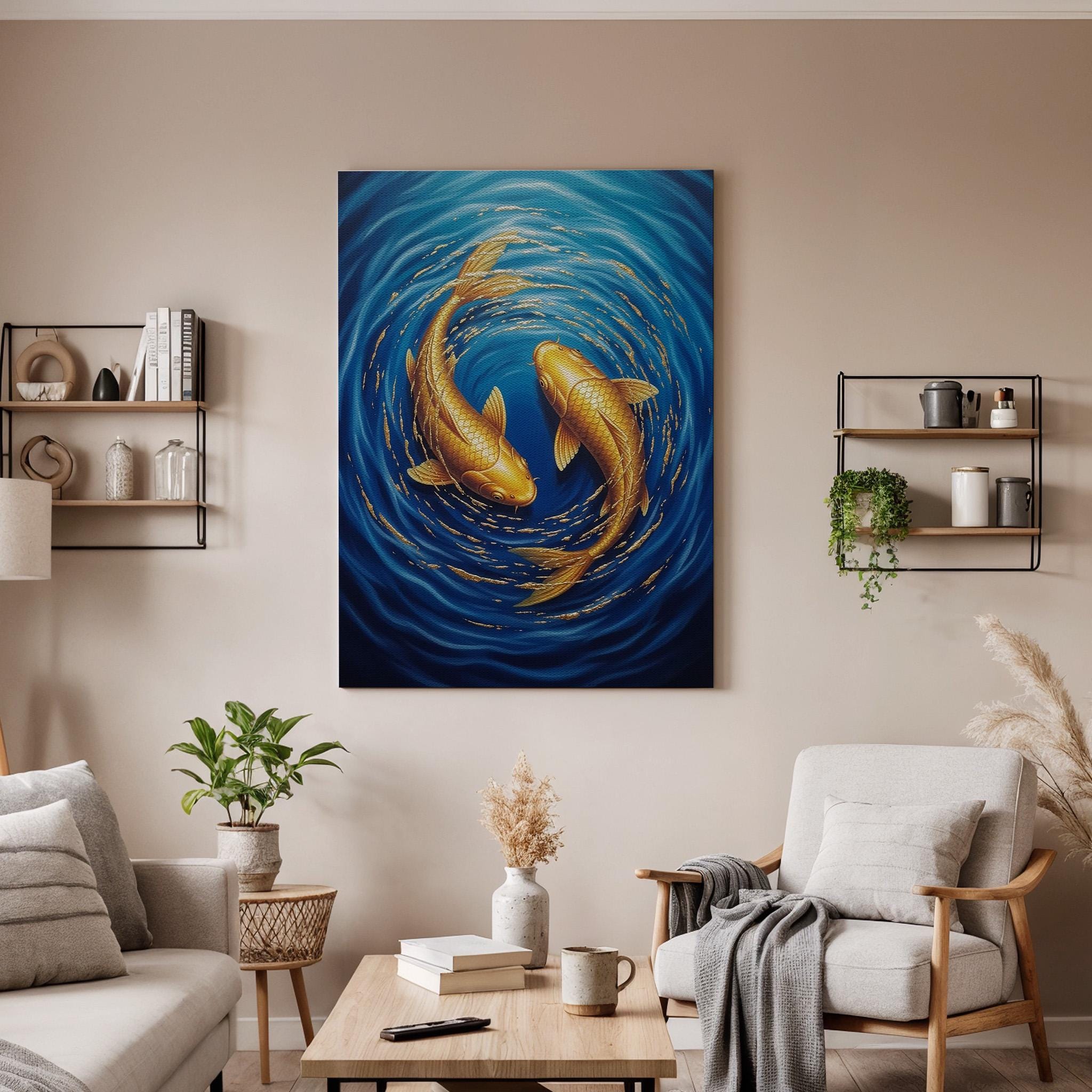 Golden Koi Fish Canvas Wall Art, Yin Yang Koi Canvas Decor, Japanese Style Fish Artwork, Zen Water Art for Living Room, Canvas Wall Decor