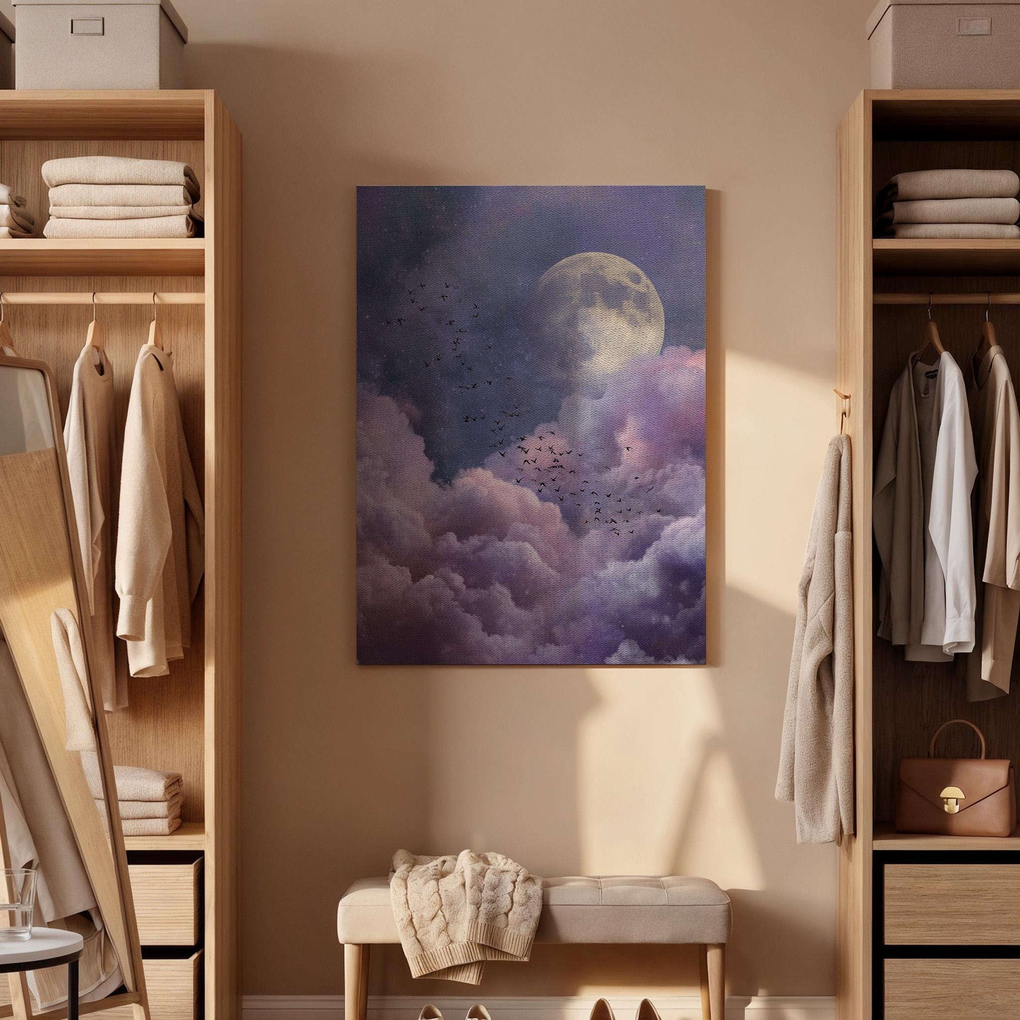 Moon Cloud Canvas Wall Art, Dreamy Night Sky Canvas Decor, Purple Cloudscape Moon Painting, Surreal Celestial Wall Art, Canvas Wall Art