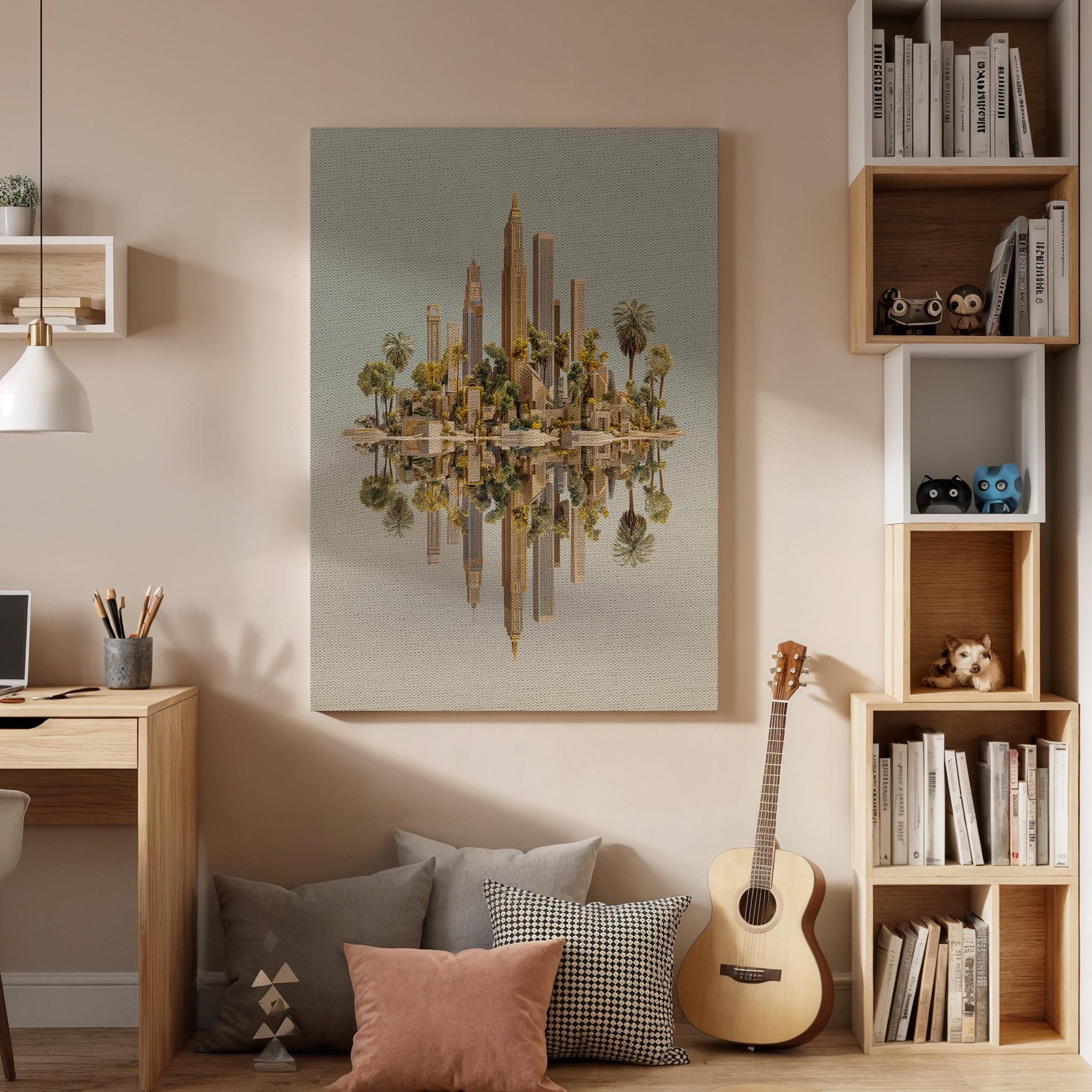 Floating City Canvas Wall Art, Surreal Island Skyline Canvas Decor, Modern Golden Cityscape Artwork, Fantasy Architecture Wall Art