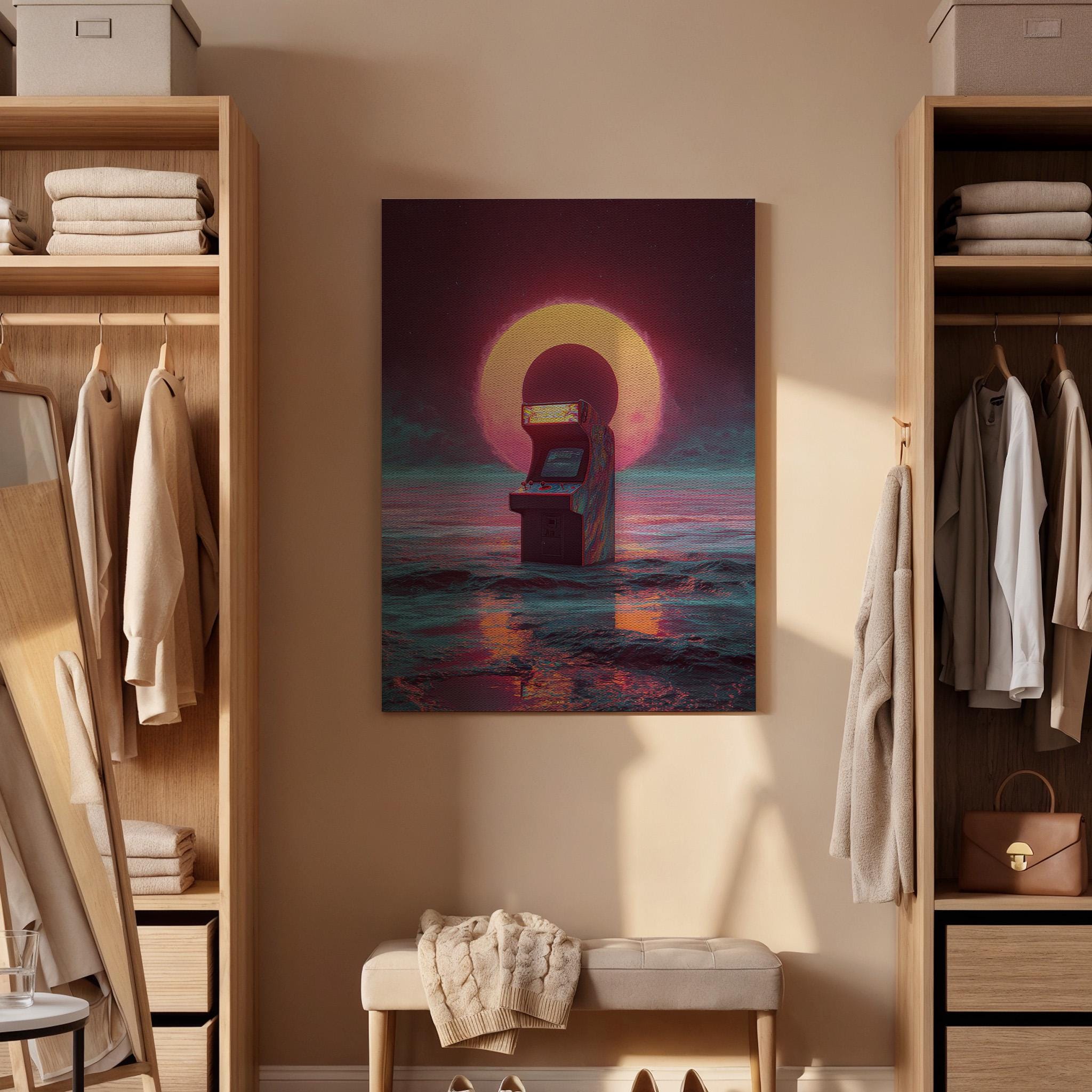 Retro Arcade Machine Canvas Wall Art, Synthwave Sunset Gaming Canvas Decor, Vaporwave Ocean Arcade Artwork, 80s Neon Gamer Wall Art