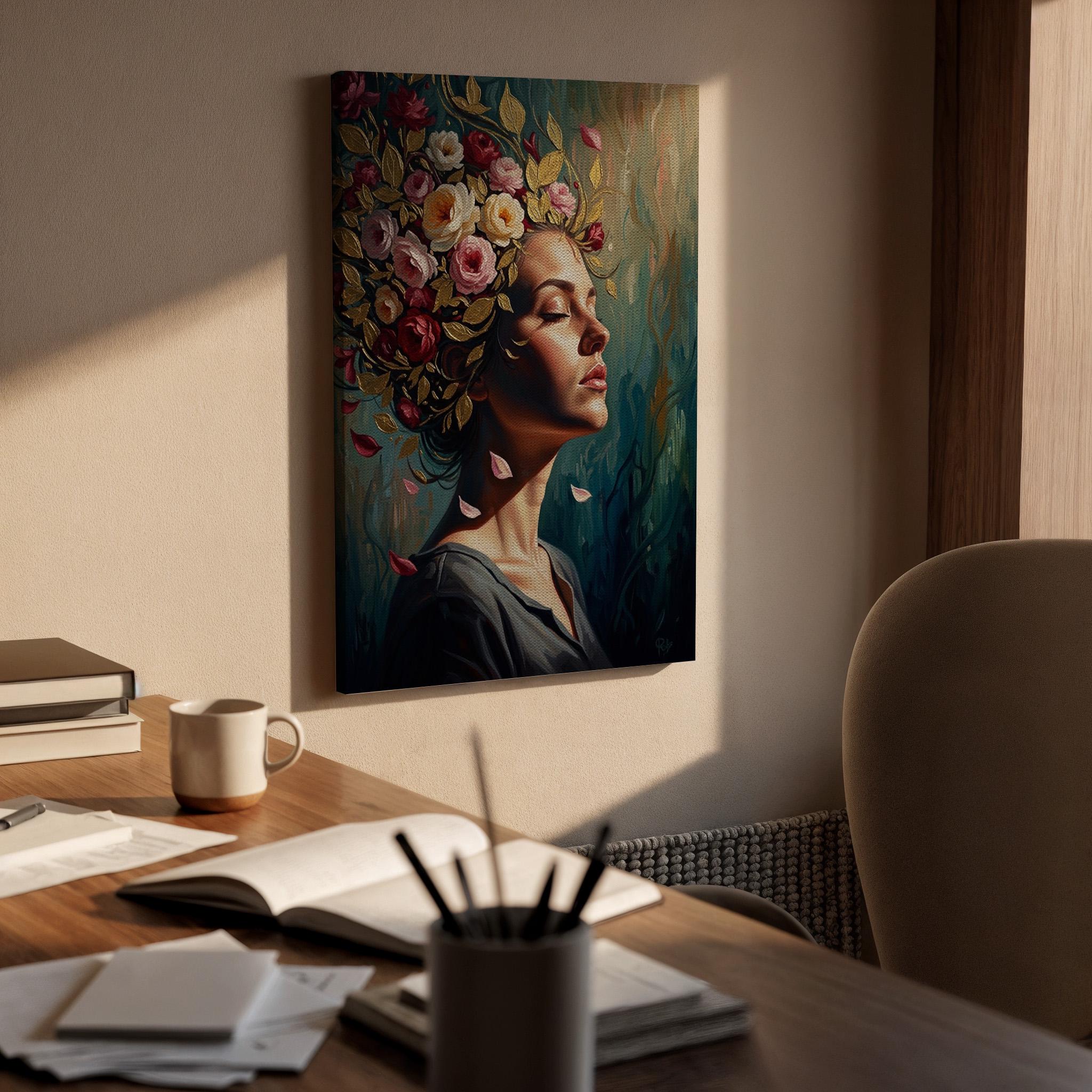 Floral Woman Portrait Canvas Wall Art, Botanical Female Portrait Canvas Decor, Elegant Flower Crown Artwork, Artistic Feminine Wall Art