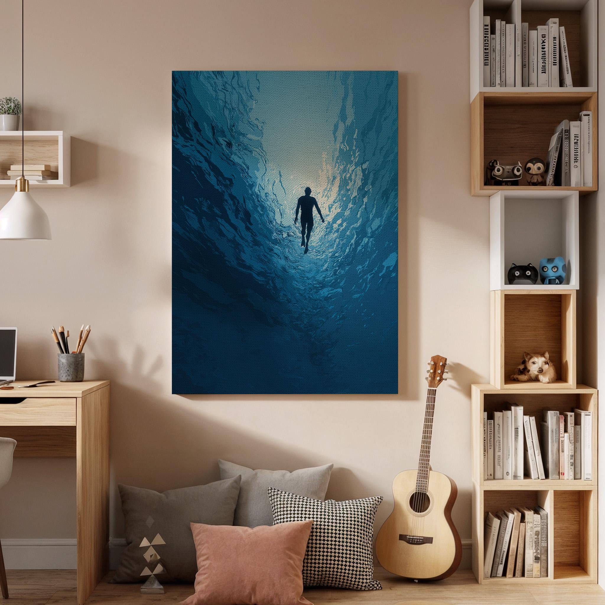 Underwater Ocean Canvas Wall Art, Deep Blue Sea Diver Canvas Decor, Minimalist Ocean Exploration Artwork, Modern Ocean Wall Art, Home Decor