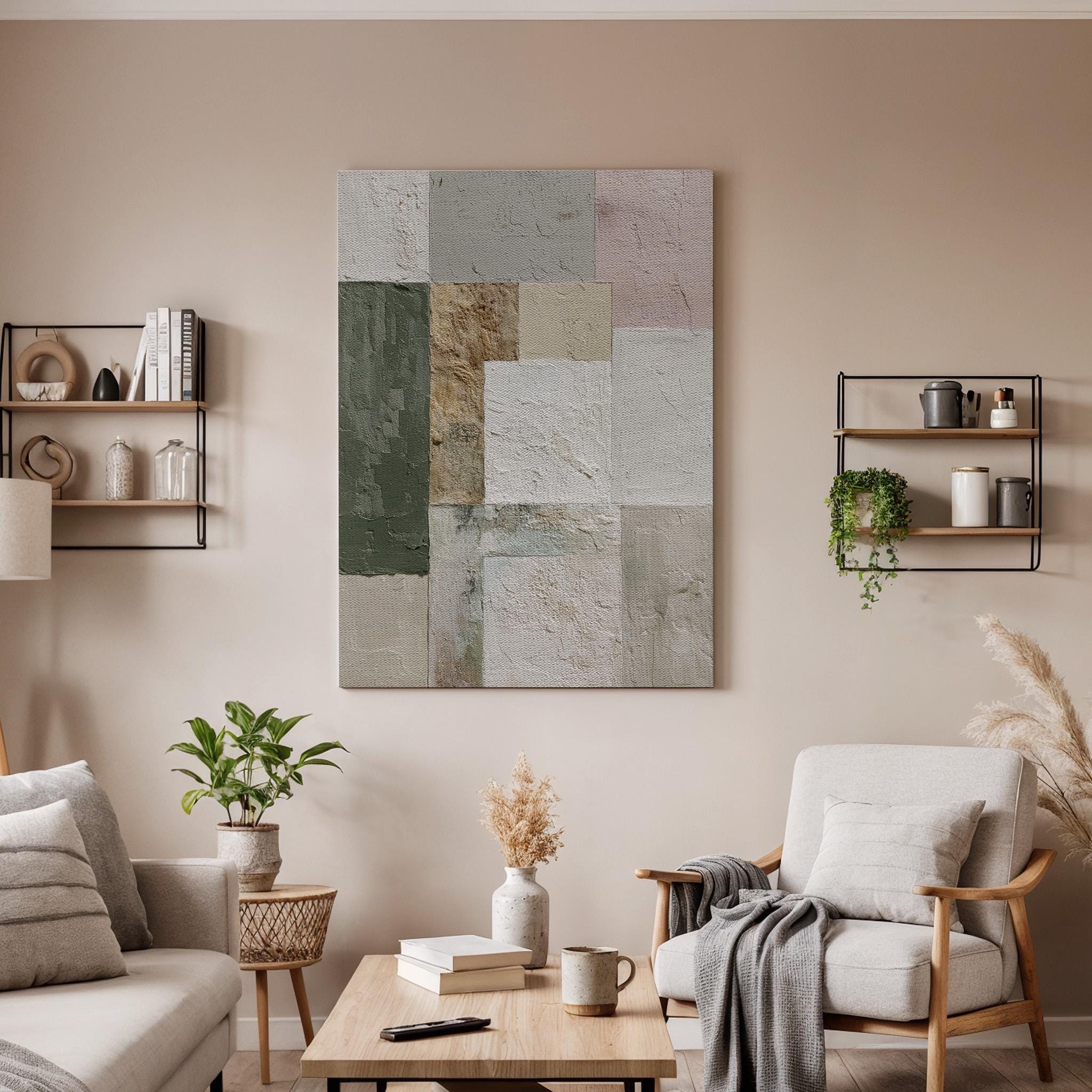 Neutral Abstract Geometric Canvas Wall Art, Modern Textured Canvas Decor, Beige Green Minimalist Wall Artwork, Contemporary Geometric Art
