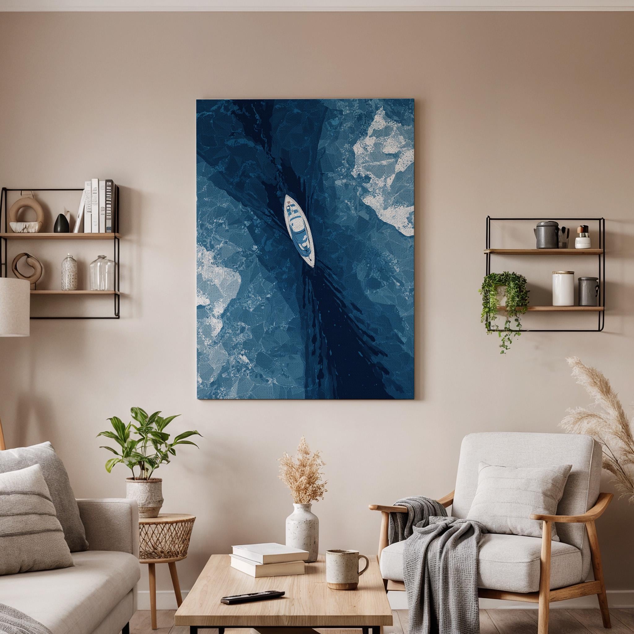 Boat on Water Canvas Wall Art, Aerial View of Boat on Water, Minimalist Ocean Canvas Decor, Boating Adventure Wall Art, Abstract Ocean Art