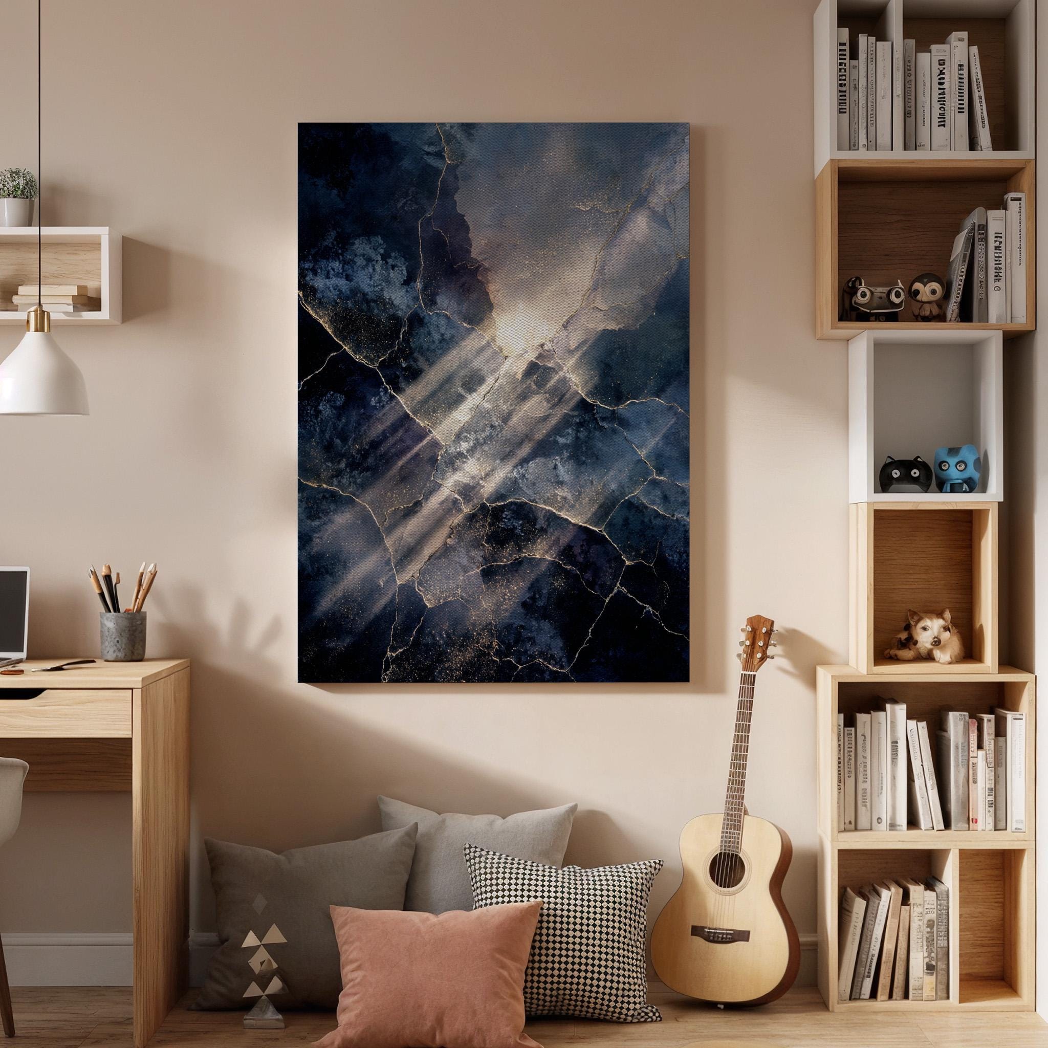 Abstract Marble Canvas Wall Art, Dark Blue Gold Texture Canvas Decor, Modern Luxury Canvas Artwork, Contemporary Abstract Wall Decor