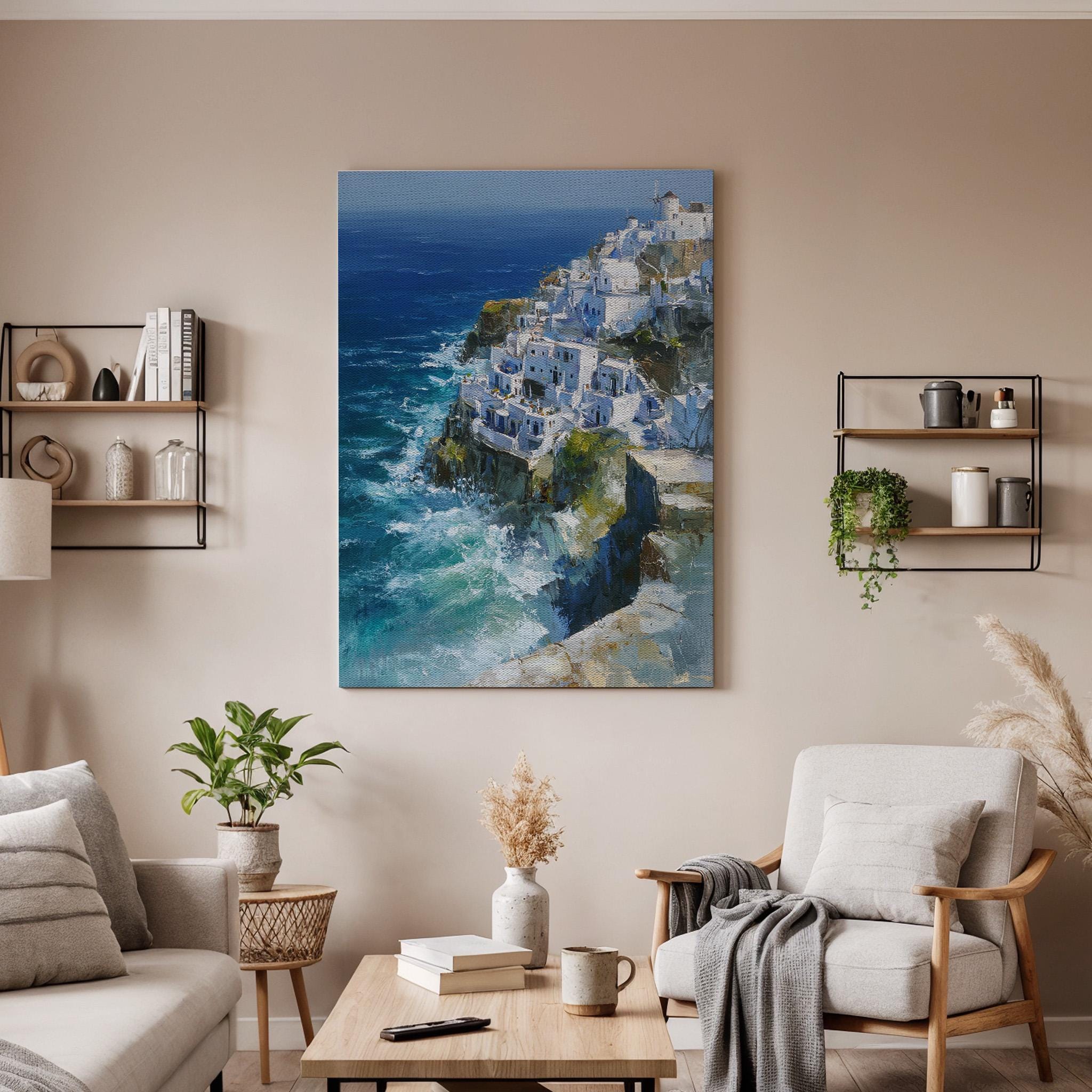 Coastal Village Canvas, Mediterranean Wall Art, Seaside Cliff Canvas Decor, Ocean Landscape Artwork, Santorini Style Wall Decor, Home Art