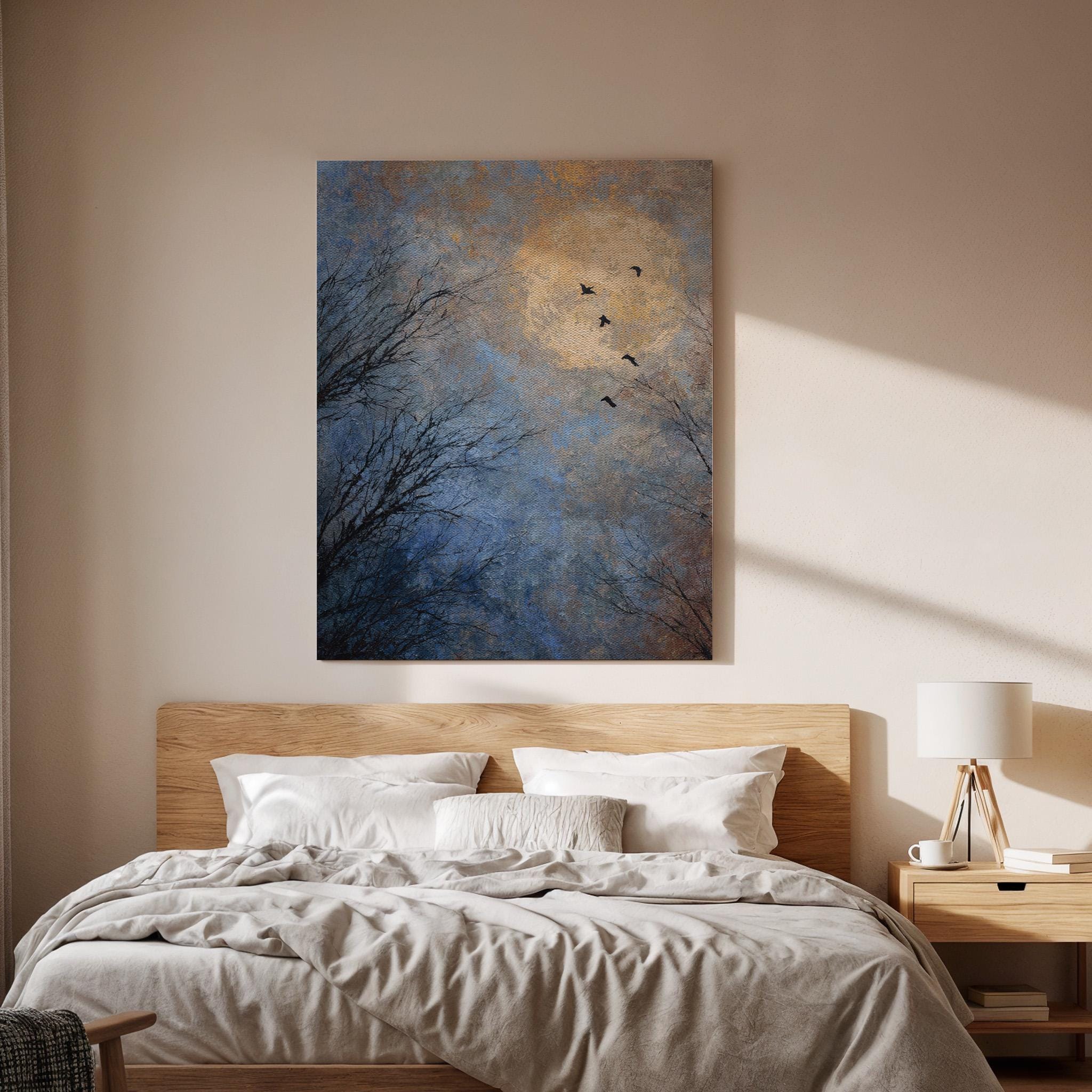 Moon Birds Canvas, Night Sky Wall Art, Flying Bird Canvas Decor, Minimalist Nature Canvas Artwork, Moonlight Landscape Wall Decor, Home Art