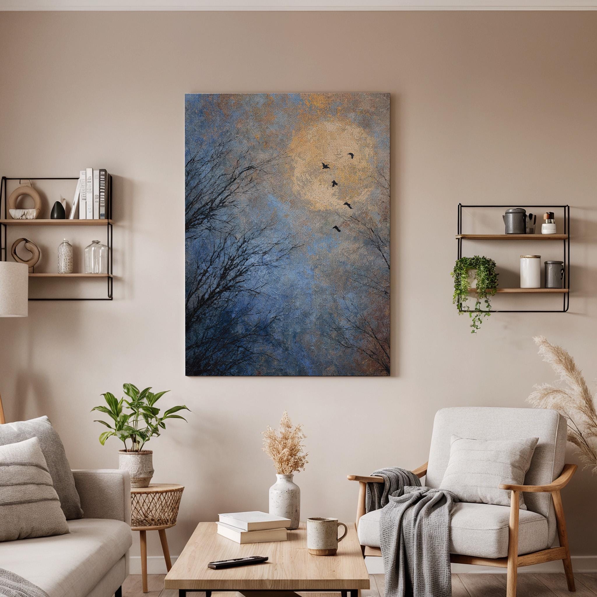 Moon Birds Canvas, Night Sky Wall Art, Flying Bird Canvas Decor, Minimalist Nature Canvas Artwork, Moonlight Landscape Wall Decor, Home Art