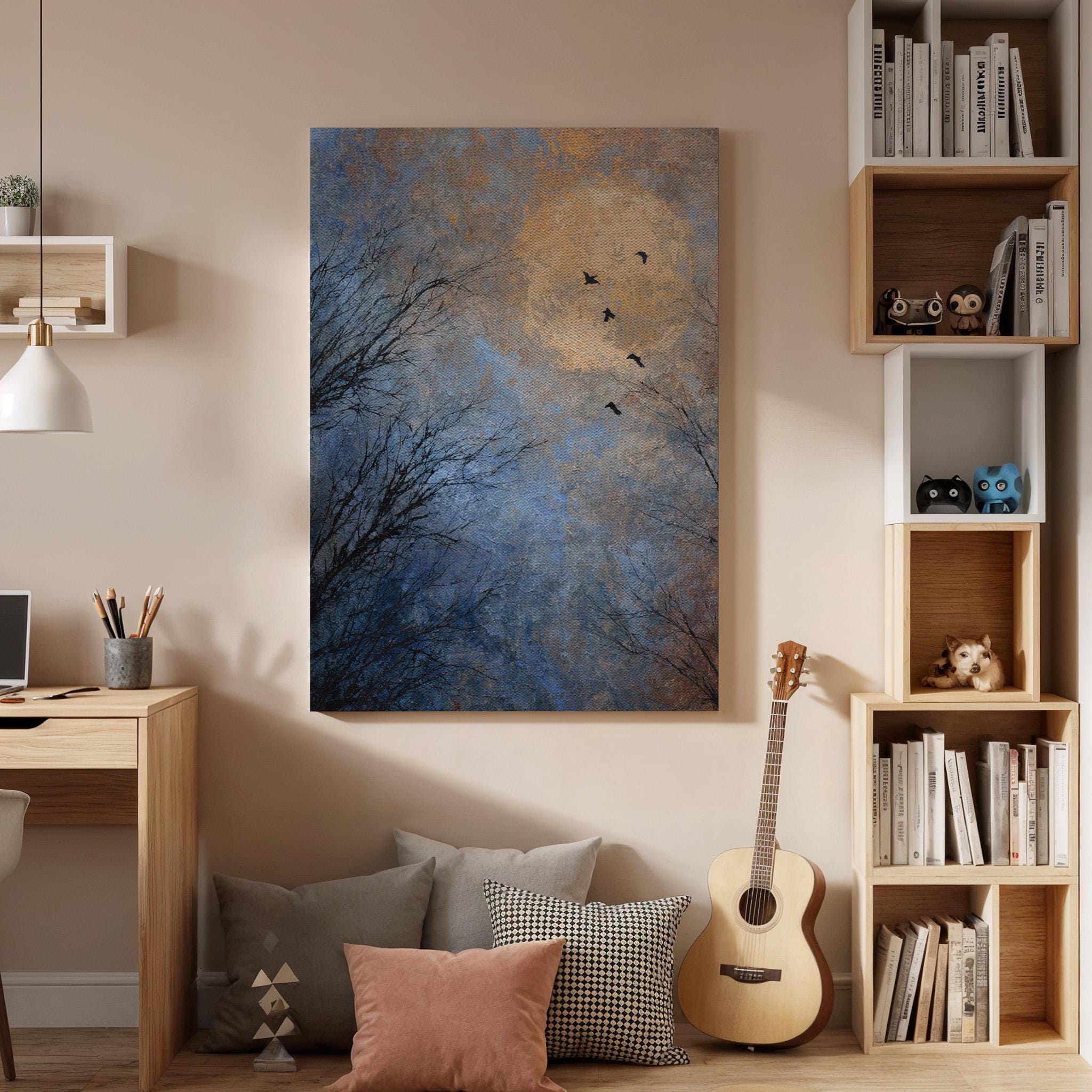 Moon Birds Canvas, Night Sky Wall Art, Flying Bird Canvas Decor, Minimalist Nature Canvas Artwork, Moonlight Landscape Wall Decor, Home Art