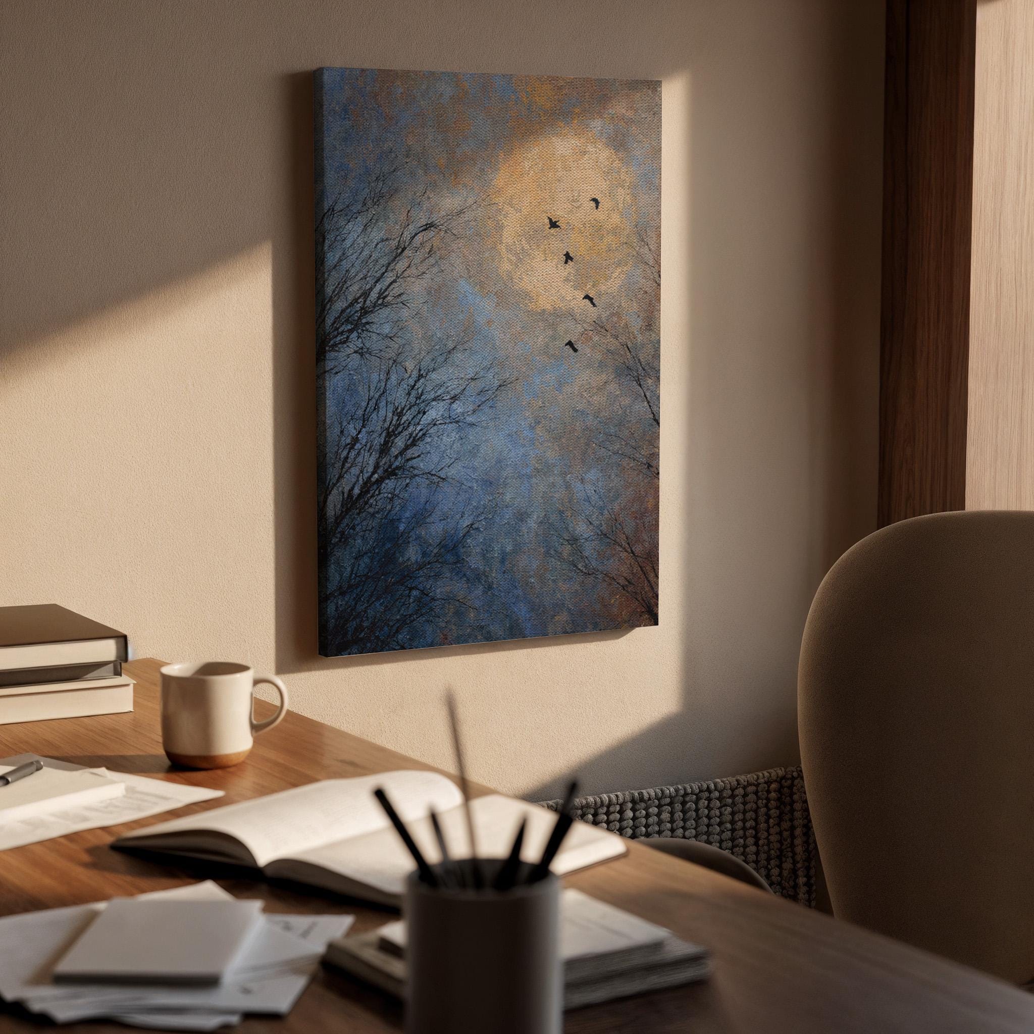 Moon Birds Canvas, Night Sky Wall Art, Flying Bird Canvas Decor, Minimalist Nature Canvas Artwork, Moonlight Landscape Wall Decor, Home Art