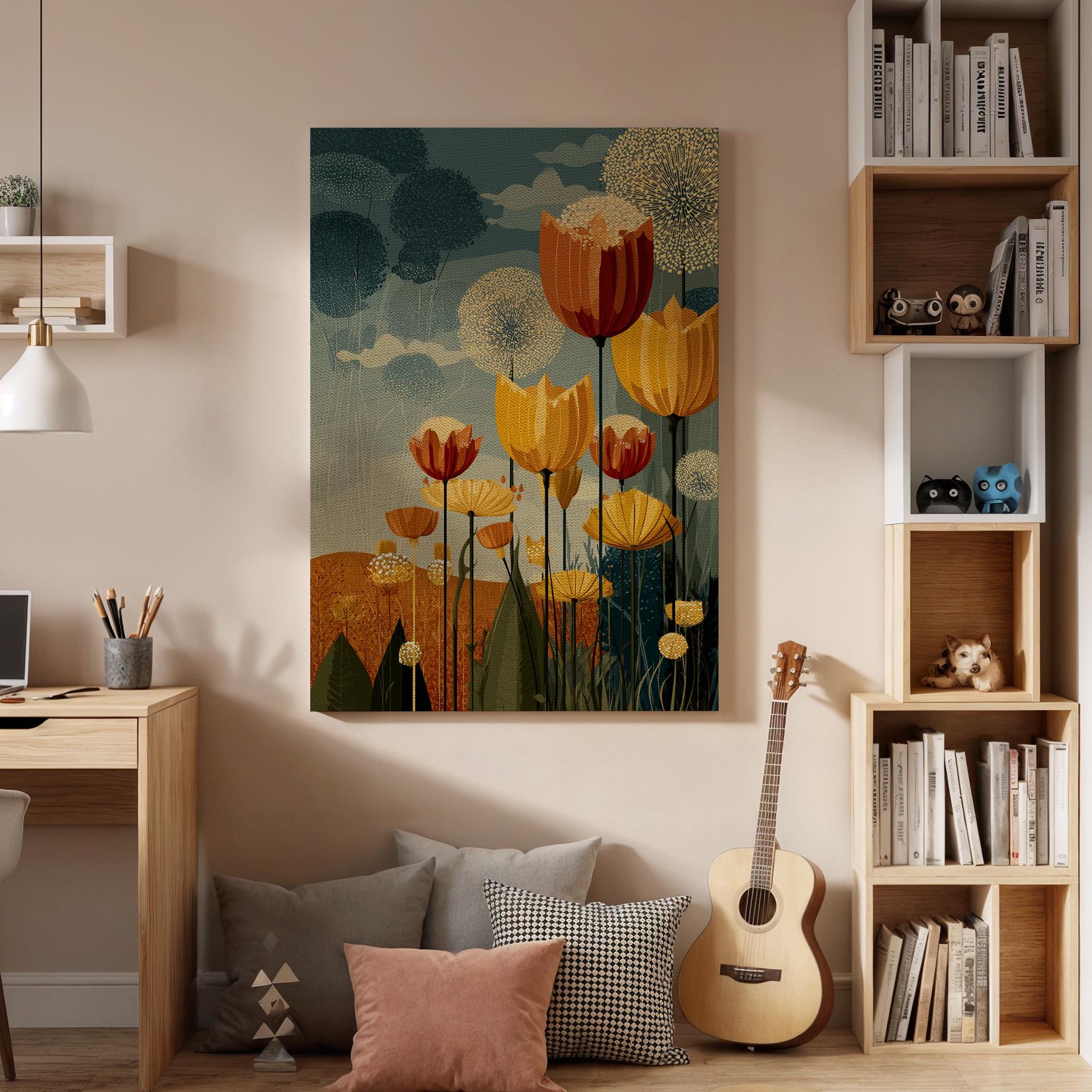 Floral Landscape Canvas Wall Art, Modern Flower Field Canvas Decor, Abstract Botanical Canvas Artwork, Nature Inspired Wall Decor, Home Art