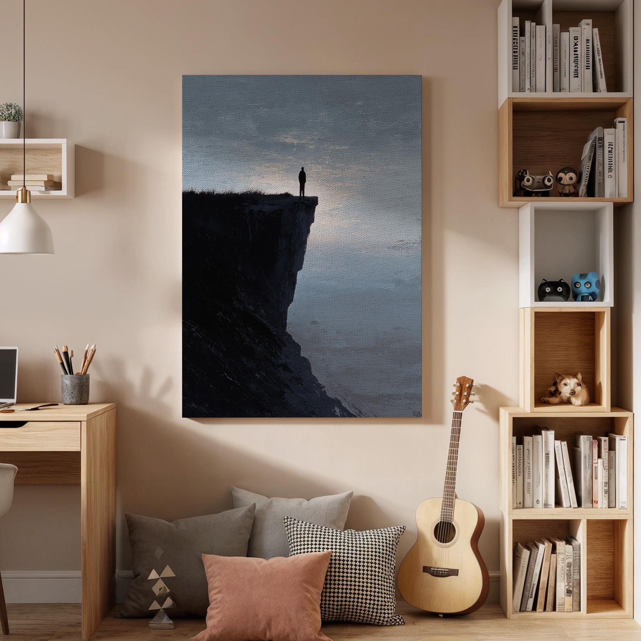 Lonely Cliff Canvas Wall Art, Moody Landscape Canvas Decor, Dramatic Mountain Cliff Artwork, Minimal Dark Nature Wall Decor, New Home Gift