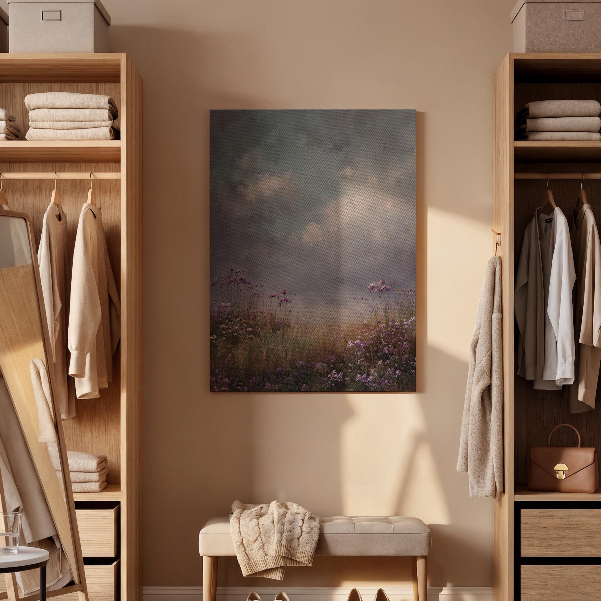Moody Wildflower Meadow Canvas Wall Art, Dramatic Sky Landscape Canvas Decor, Rustic Field Nature Artwork, Atmospheric Wall Decor, Home Art