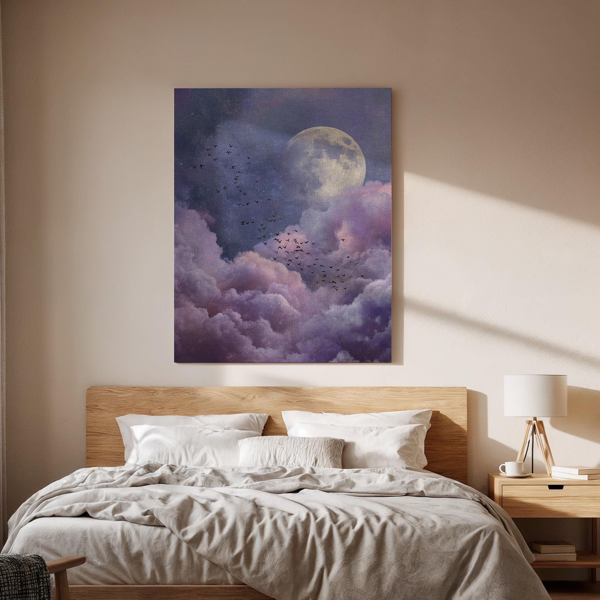 Moon Cloud Canvas Wall Art, Dreamy Night Sky Canvas Decor, Purple Cloudscape Moon Painting, Surreal Celestial Wall Art, Canvas Wall Art