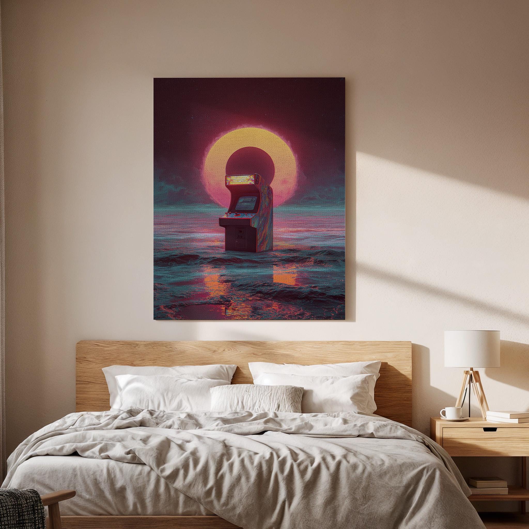 Retro Arcade Machine Canvas Wall Art, Synthwave Sunset Gaming Canvas Decor, Vaporwave Ocean Arcade Artwork, 80s Neon Gamer Wall Art