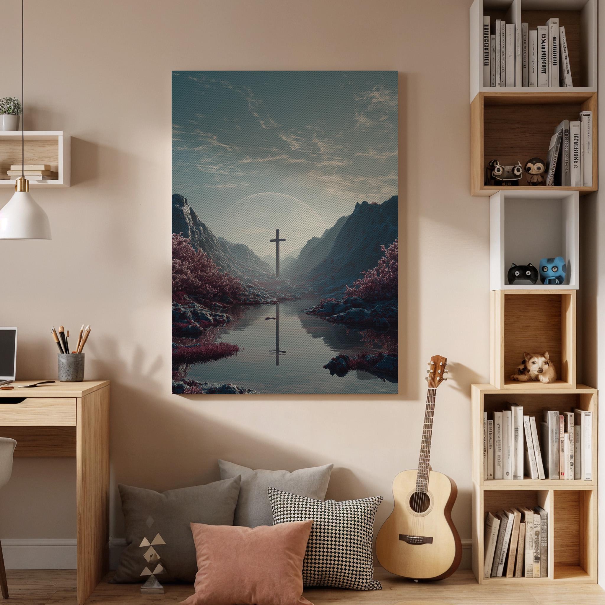 Christian Cross Canvas Wall Art, Faith Landscape Canvas Decor, Spiritual Mountain Cross Artwork, Religious Reflection Wall Art, New Home Art