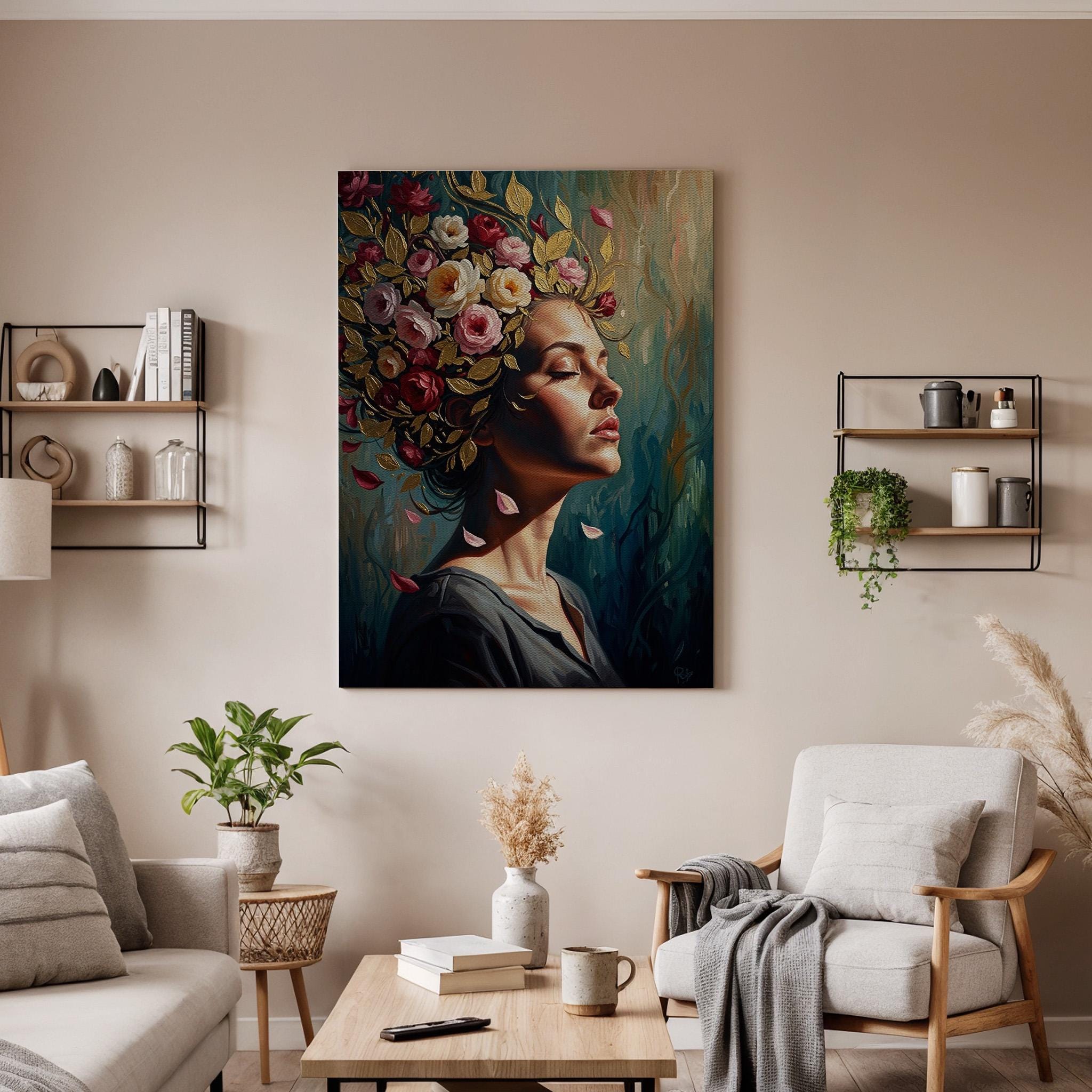 Floral Woman Portrait Canvas Wall Art, Botanical Female Portrait Canvas Decor, Elegant Flower Crown Artwork, Artistic Feminine Wall Art