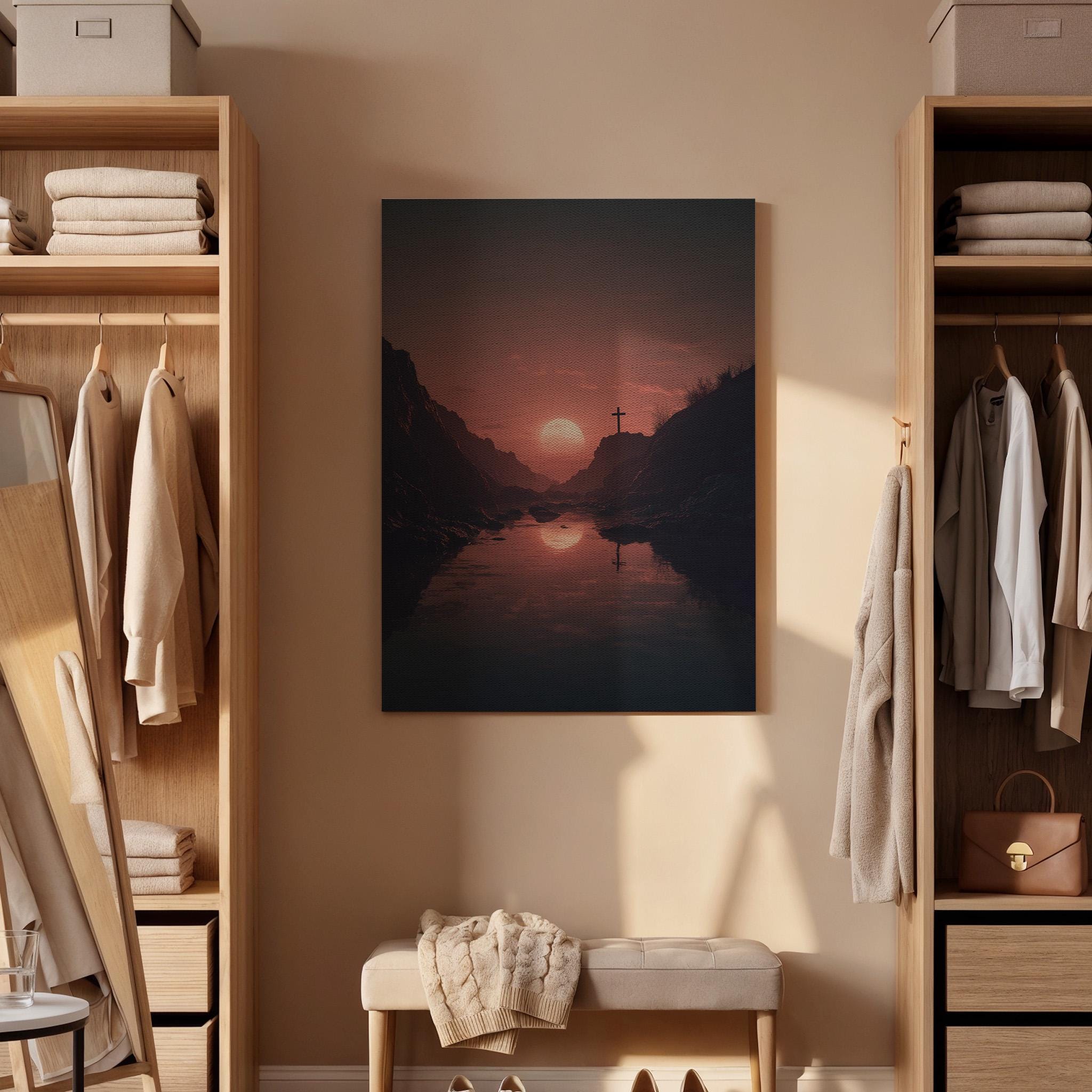 Christian Cross Canvas Wall Art, Sunset Faith Landscape Canvas Decor, Spiritual Mountain Lake Artwork, Religious Christian Wall Art