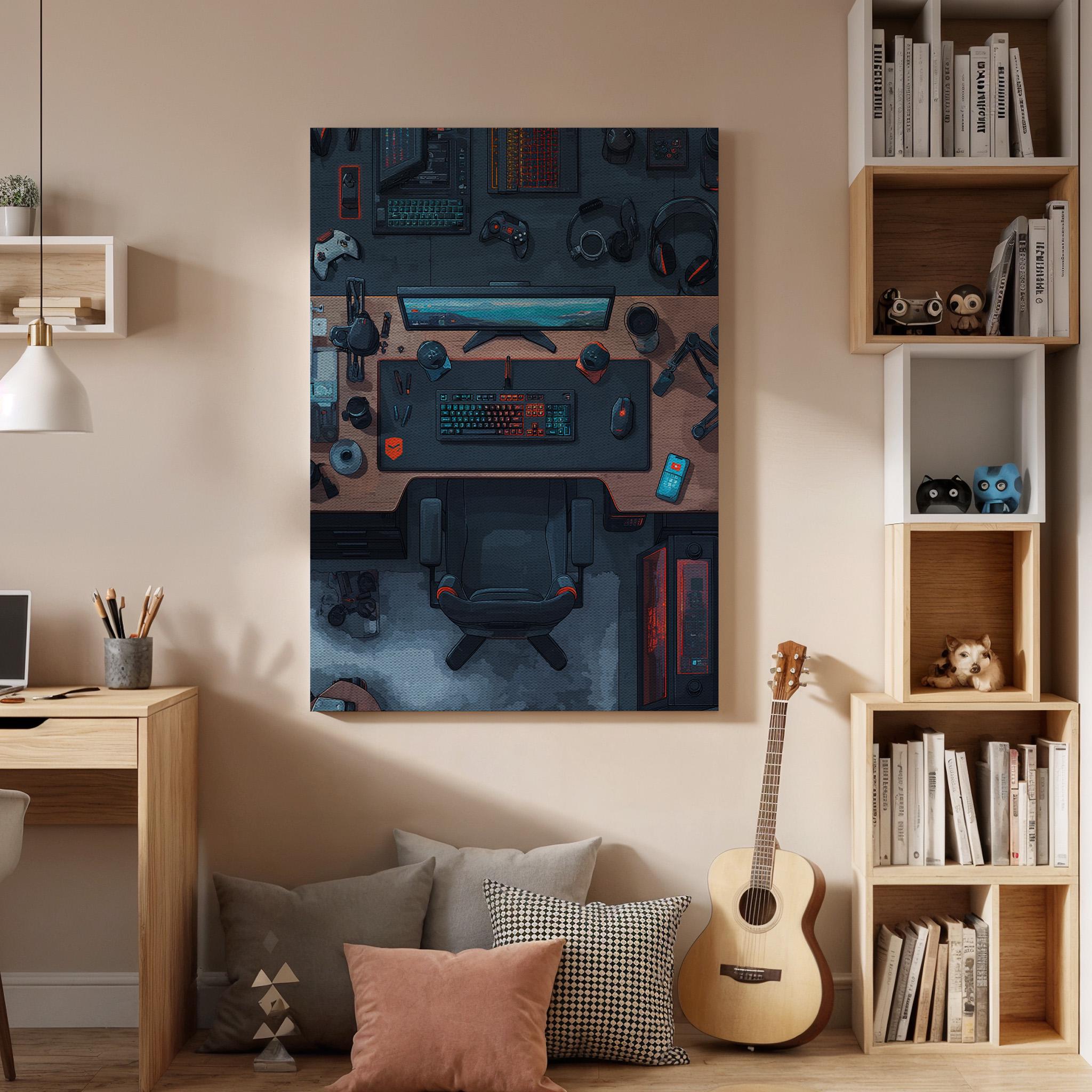 Gamer Desk Canvas Wall Art, Modern Gaming Setup Artwork, VR Gaming Room Decor, Tech-Inspired Gaming Office Art, Gaming Workspace Canvas